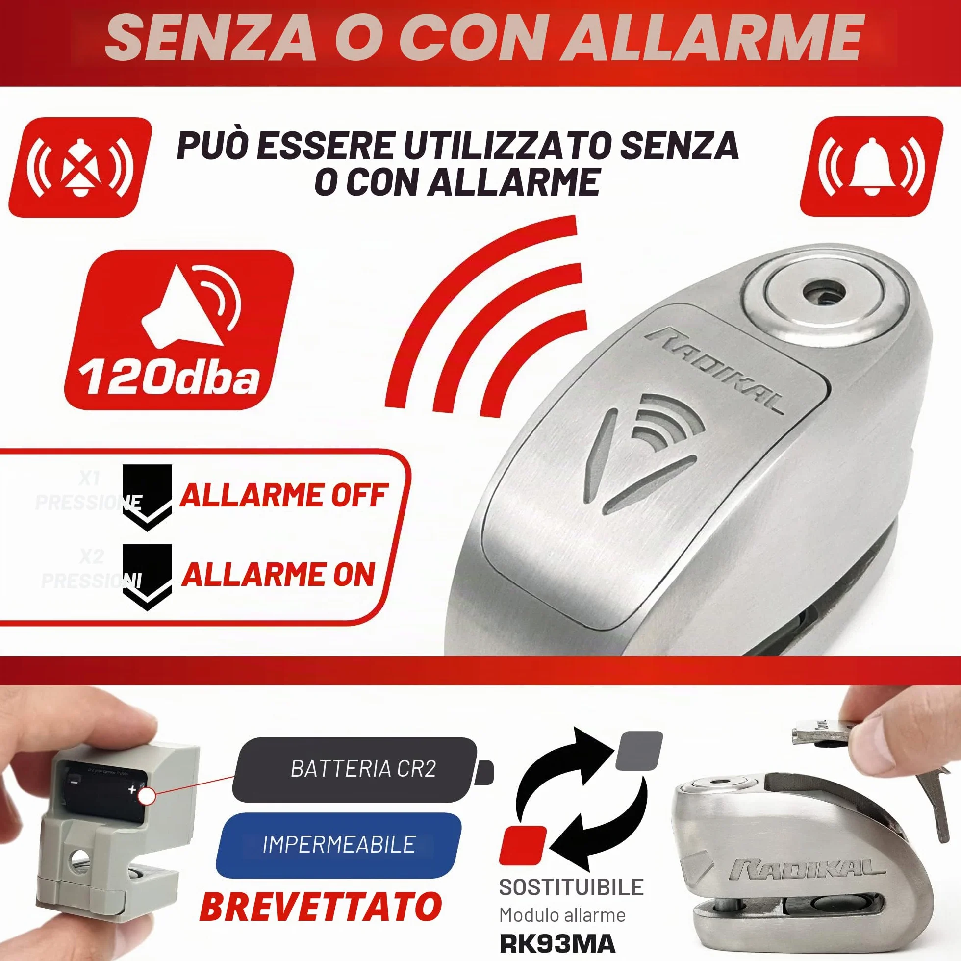 RADIKAL RK910S Bloccadisco Moto con Allarme 120dB ON/OFF, Omologato SRA et Sold Secure, Serratura Alta Sicurezza a Doppia Chiusura 10mm, Batteria Lunga Durata, Acciaio Inox, Antifurto Lucchetto Moto
