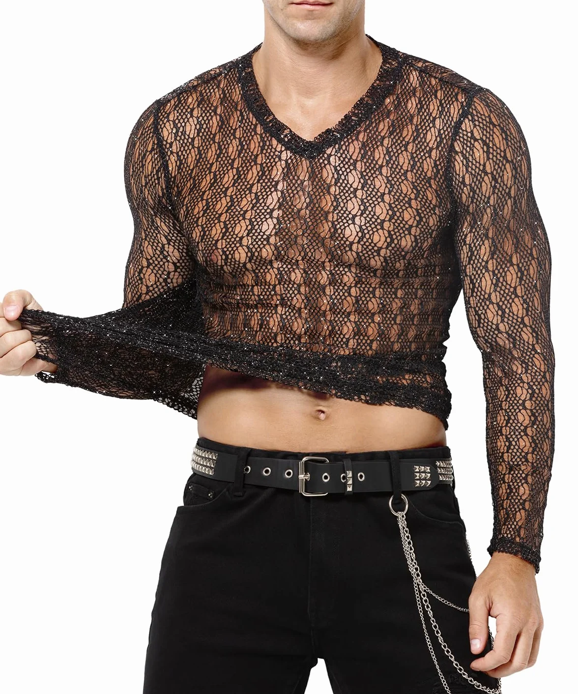 Casey Kevin Maglia Rete Uomo Paillettes Clubwear Party T-Shirt Intimo Sexy Mesh Lunga
