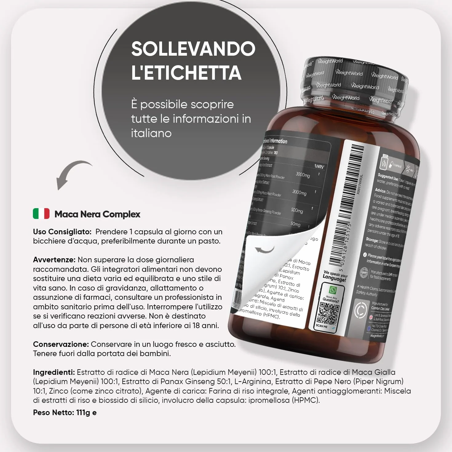Maca Peruviana 180 Capsule Vegane Estratto 100:1 Maca Nera Complex L Arginina Zinco Citrato Panax Ginseng Pepe Nero