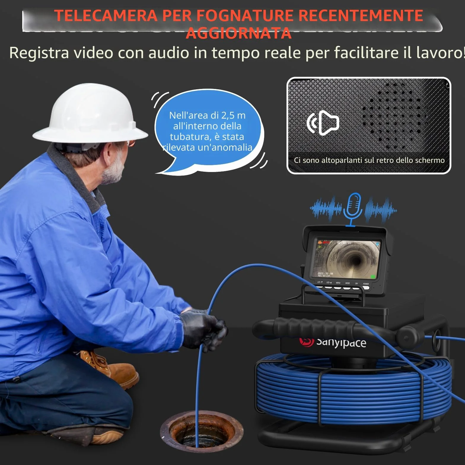 Sanyipace Telecamera di Ispezione 30m con DVR per Tubi Fognature, Batteria 5600 mAh, 8 LED Regolabili, 32GB