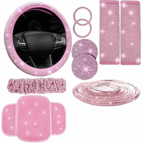 Set di copristerzo per auto con supporto per telefono in strass e sottobicchiere, set interno ultra-velluto da 10 pezzi per (rosa)