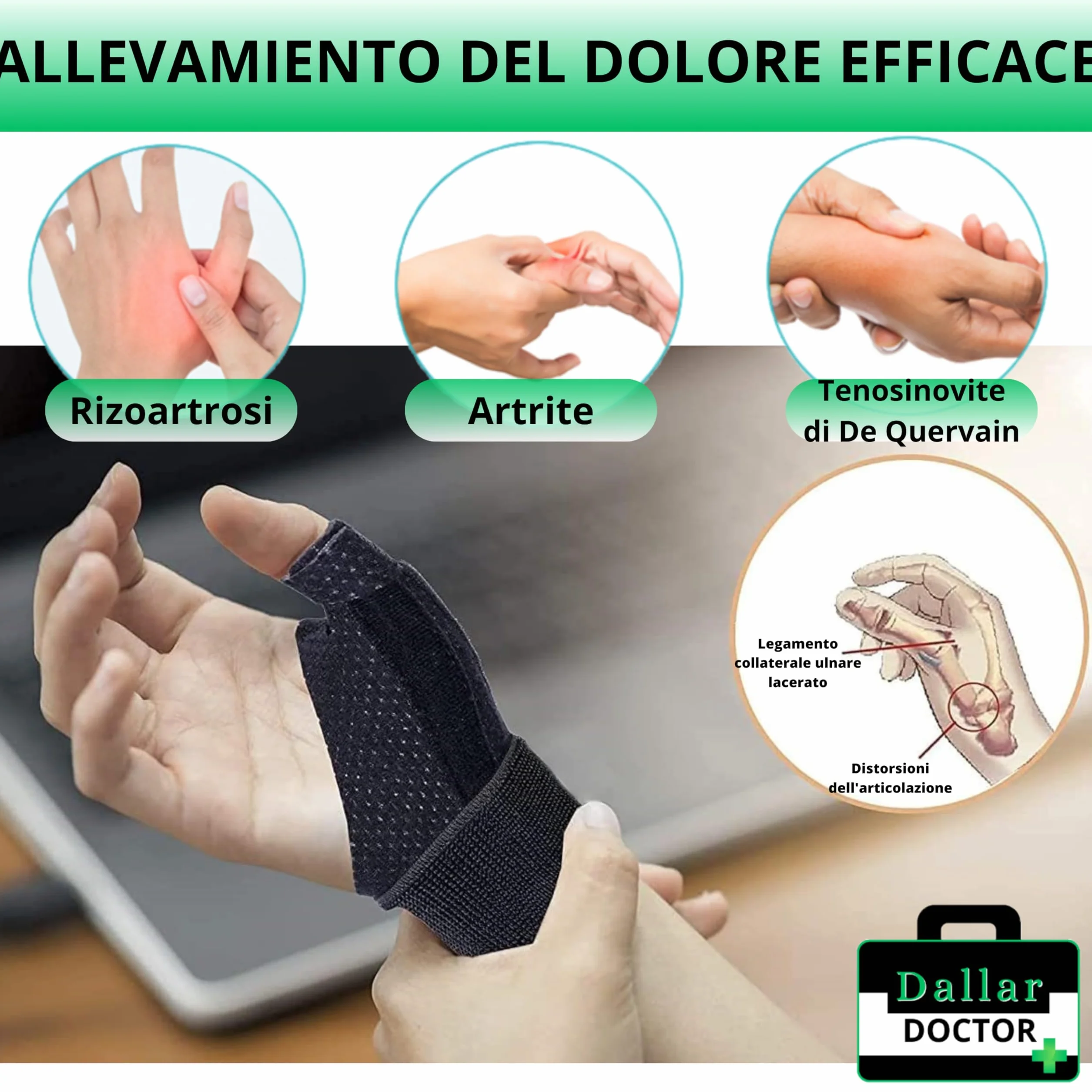 DALLAR Tutore Pollice Regolabile per Entrambe le Mani - Supporto Stabilizzante per Polso per Rizoartrosi, Tenosinovite, Artrite