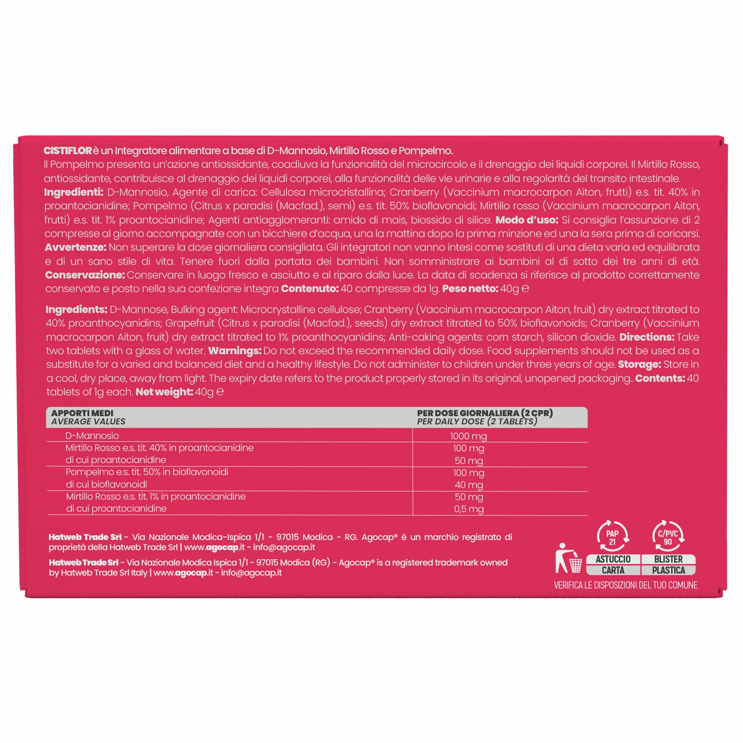 Cistiflor D-Mannosio Mirtillo Rosso Semi di Pompelmo 40 compresse integratore per Cistite Candida Vie Urinarie