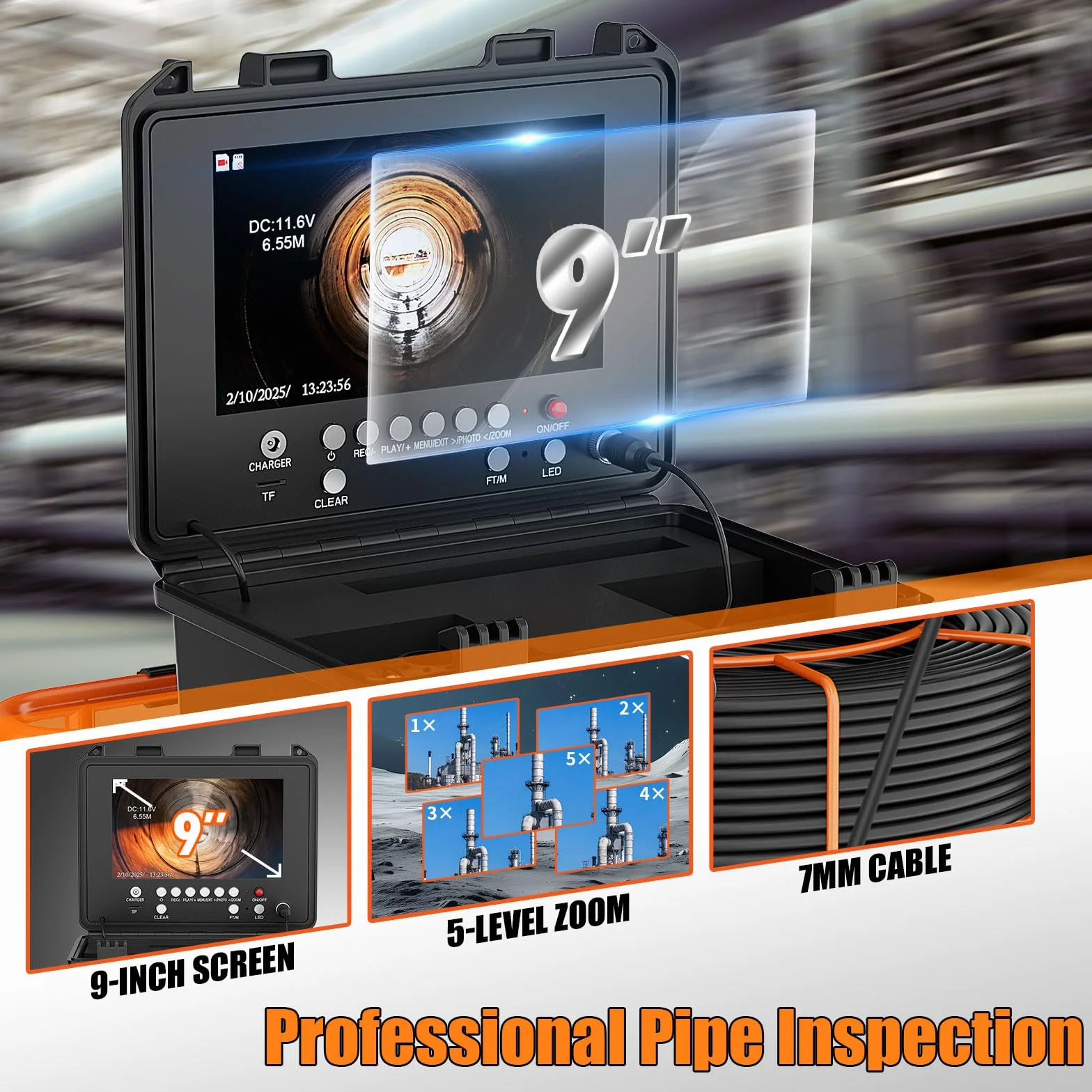 Telecamera Ispezione Tubi 9" 1080P DVR 512Hz 32GB 50M Autolivellante