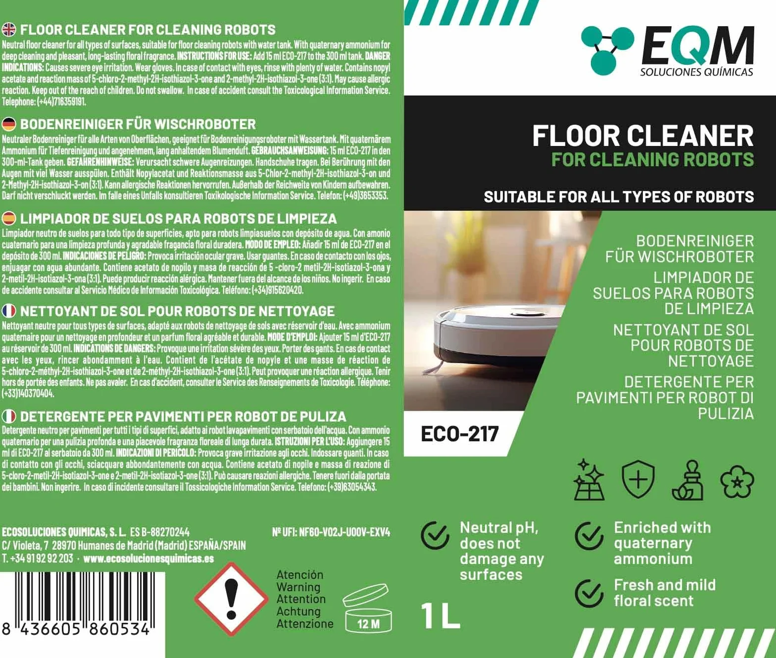 EQM ECO-217 Detergente per Robot Lavapavimenti 1L pH Neutro