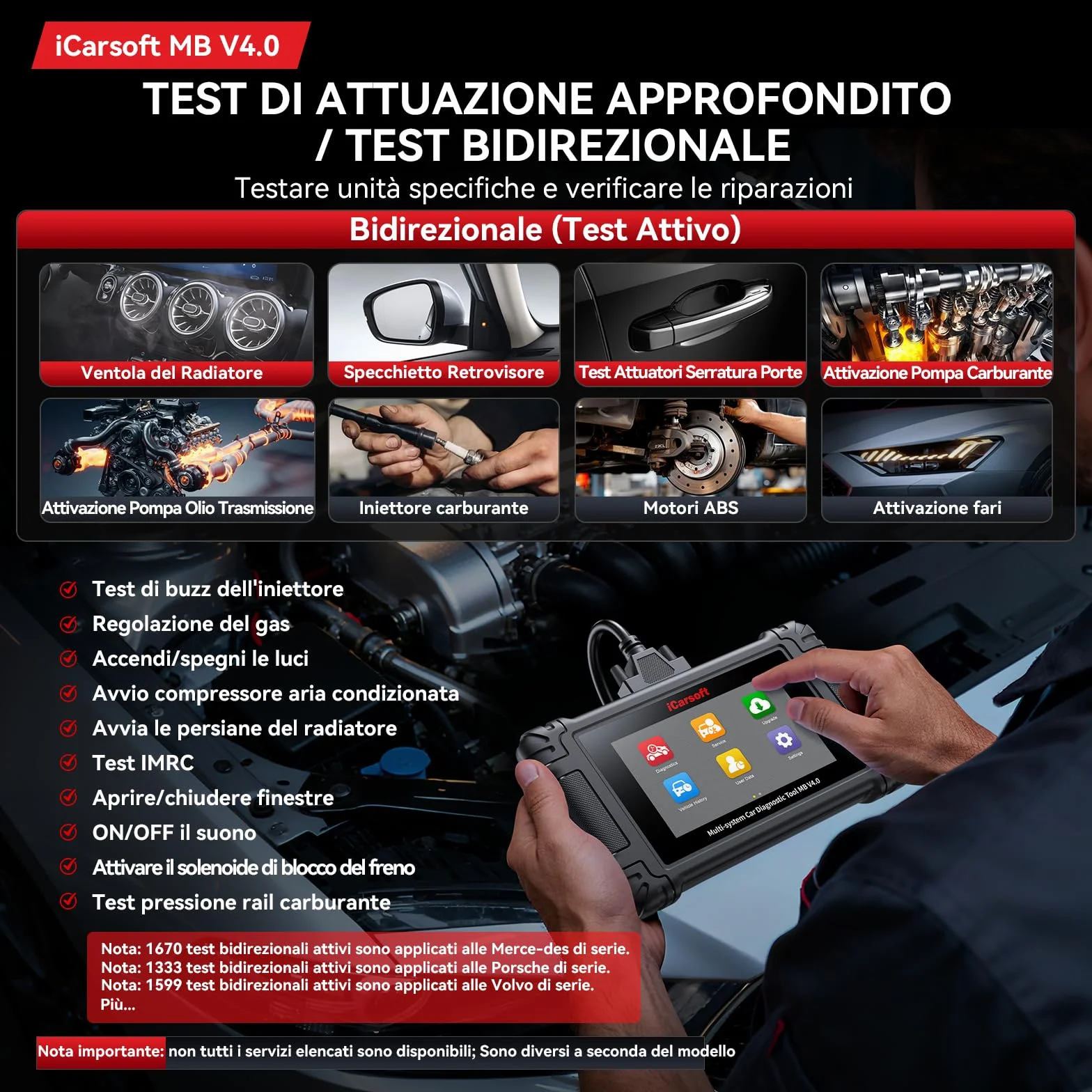 iCarsoft MB V4.0 Strumento di Diagnostica Bidirezionale OBD2 Scanner 38 Servizi Test Bidirezionale Aggiornamenti Gratuiti