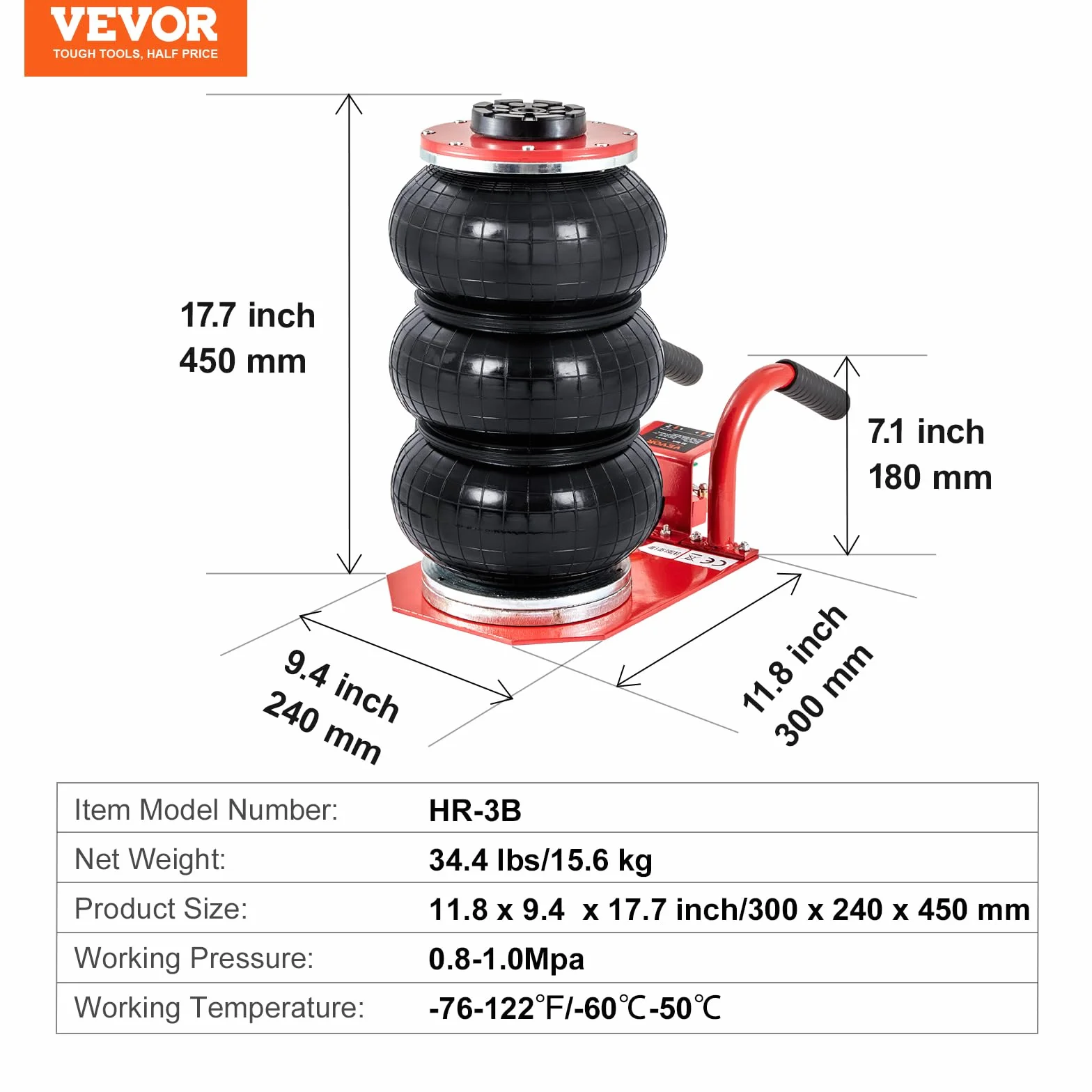 VEVOR Cric ad aria compressa, 3 tonnellate/5000 kg, cric airbag con sei tubi in acciaio, sollevamento fino a 450 mm, cric pneumatico a sollevamento rapido 3-5 s, con maniglie laterali per auto, garage