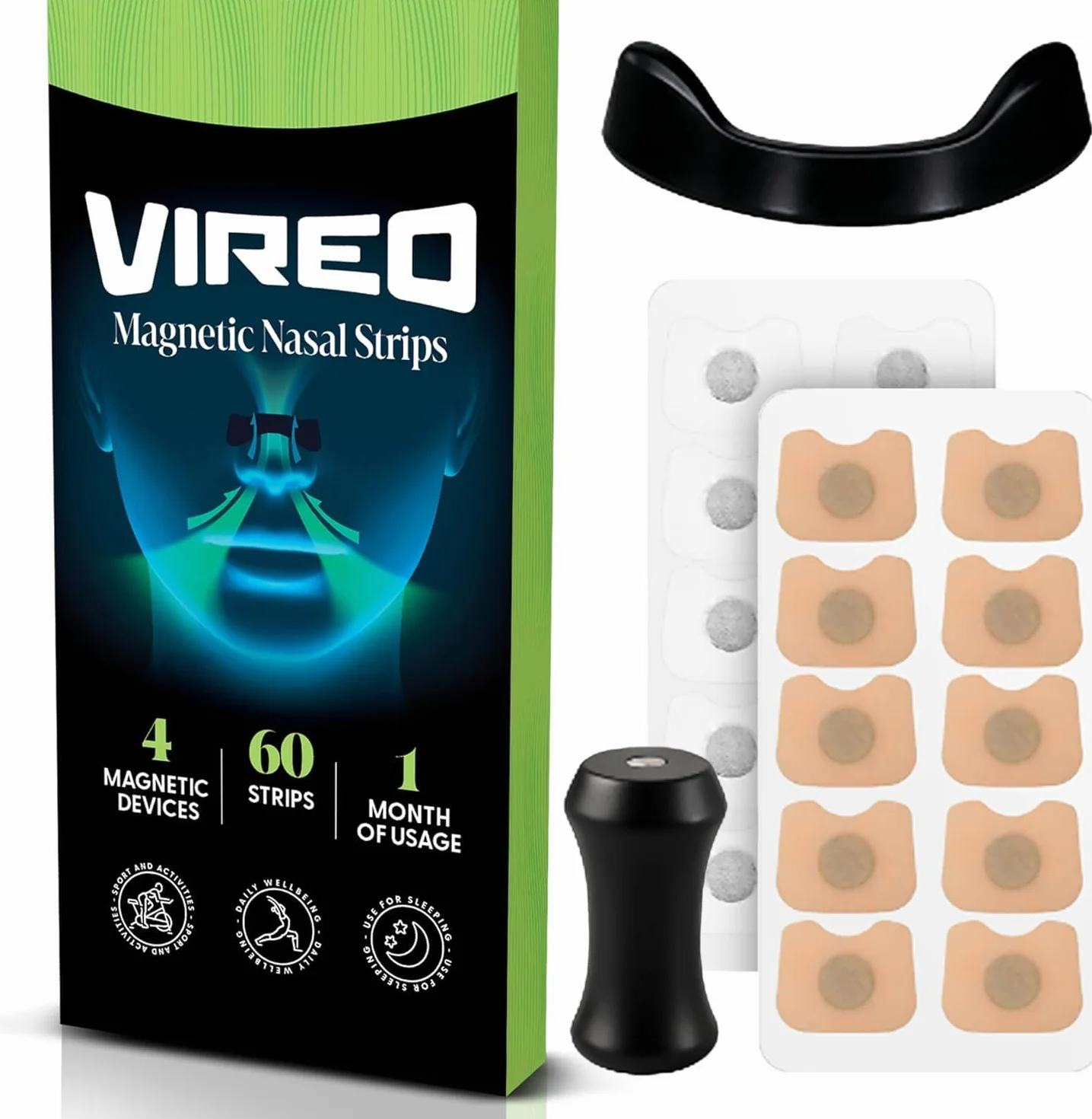 Vireo Cerotti Nasali Magnetici Neri 60 Pezzi, Dilatatore Nasale Antirussamento Riutilizzabile, Alta Tenuta