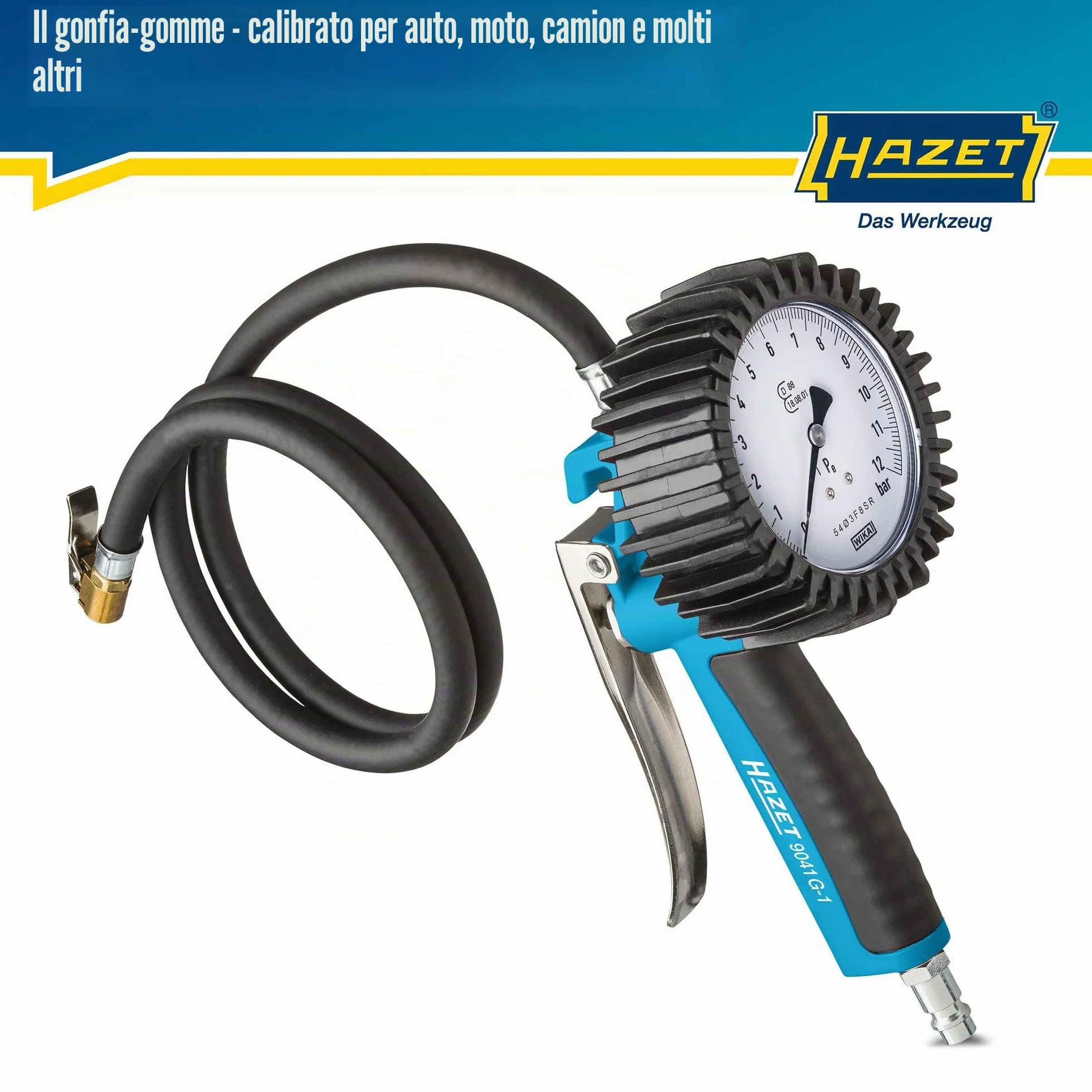 Manometro per pneumatici HAZET 9041G-1, Calibrato, di facile lettura, campo di misurazione del manometro: 0-10 bar, lunghezza del tubo flessibile: 1000 mm, diametro del manometro: 80 mm