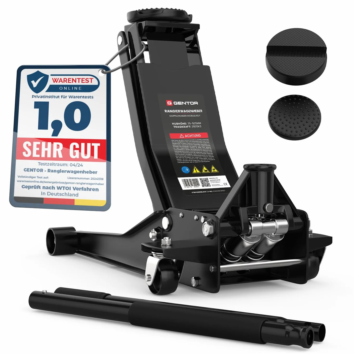 Cric Idraulico 3T 75 505 mm Professionale Auto SUV Sollevatore Pesante Ruote 360° Nero