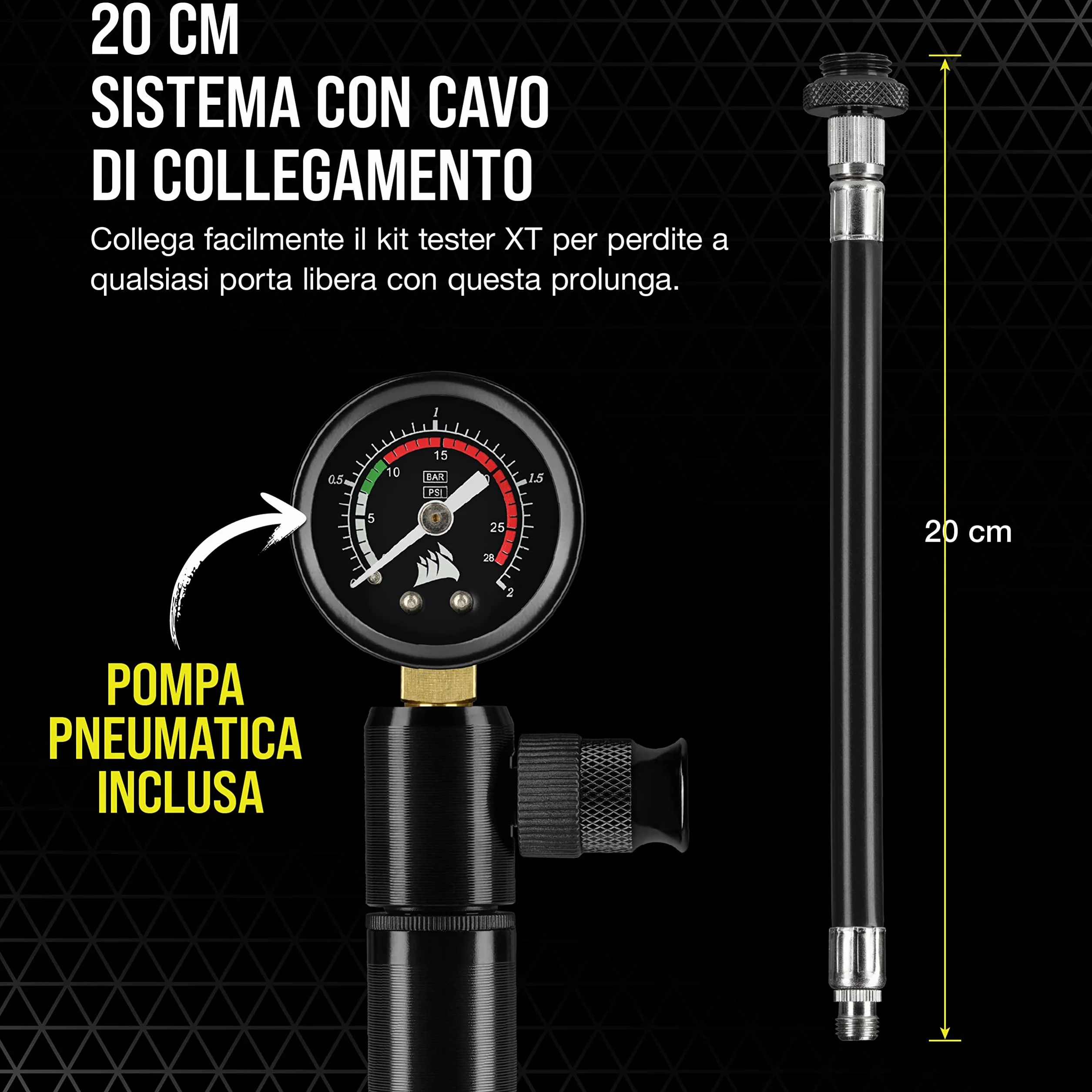 Corsair Hydro X Series XT Tester per perdite di pressione tool kit (Rapido e sicuro, Pompa pneumatica manuale inclusa, Letture accurate della pressione, Cavo da 20 cm) Nero (CX-9071002-WW)