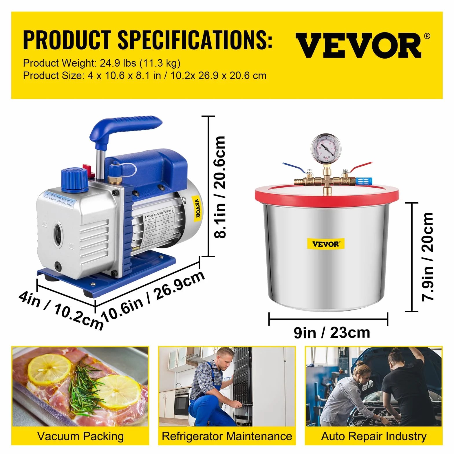 VEVOR Pompa per Vuoto Monostadio 7,57 L 113,26 L/min Kit Camera a Vuoto 26,9x10,2x20,6 cm