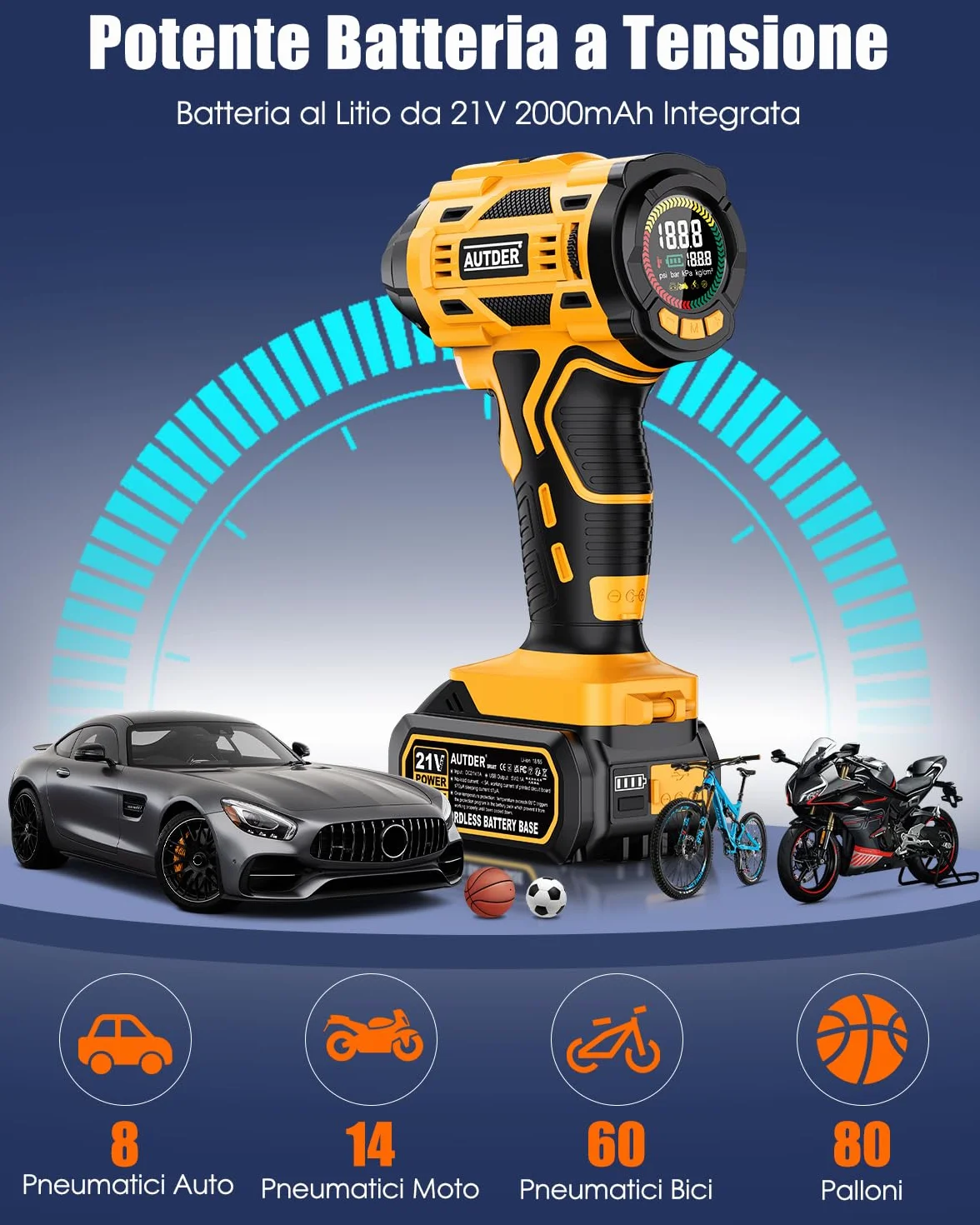 AUTDER Gonfiatore Pneumatici Portatile 180 PSI, Compressore Aria Senza Fili 21V con Batteria Rimovibile e Cavo Auto 12V, Spegnimento Automatico, Display LCD, LED