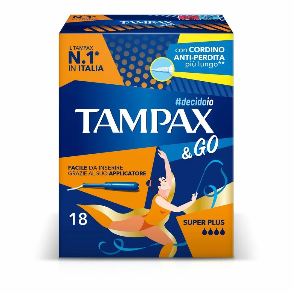 Tampax & Go Super Plus 18 Assorbenti Interni con Applicatore in Plastica, Presa Antiscivolo, Doppio Cordino Protettivo