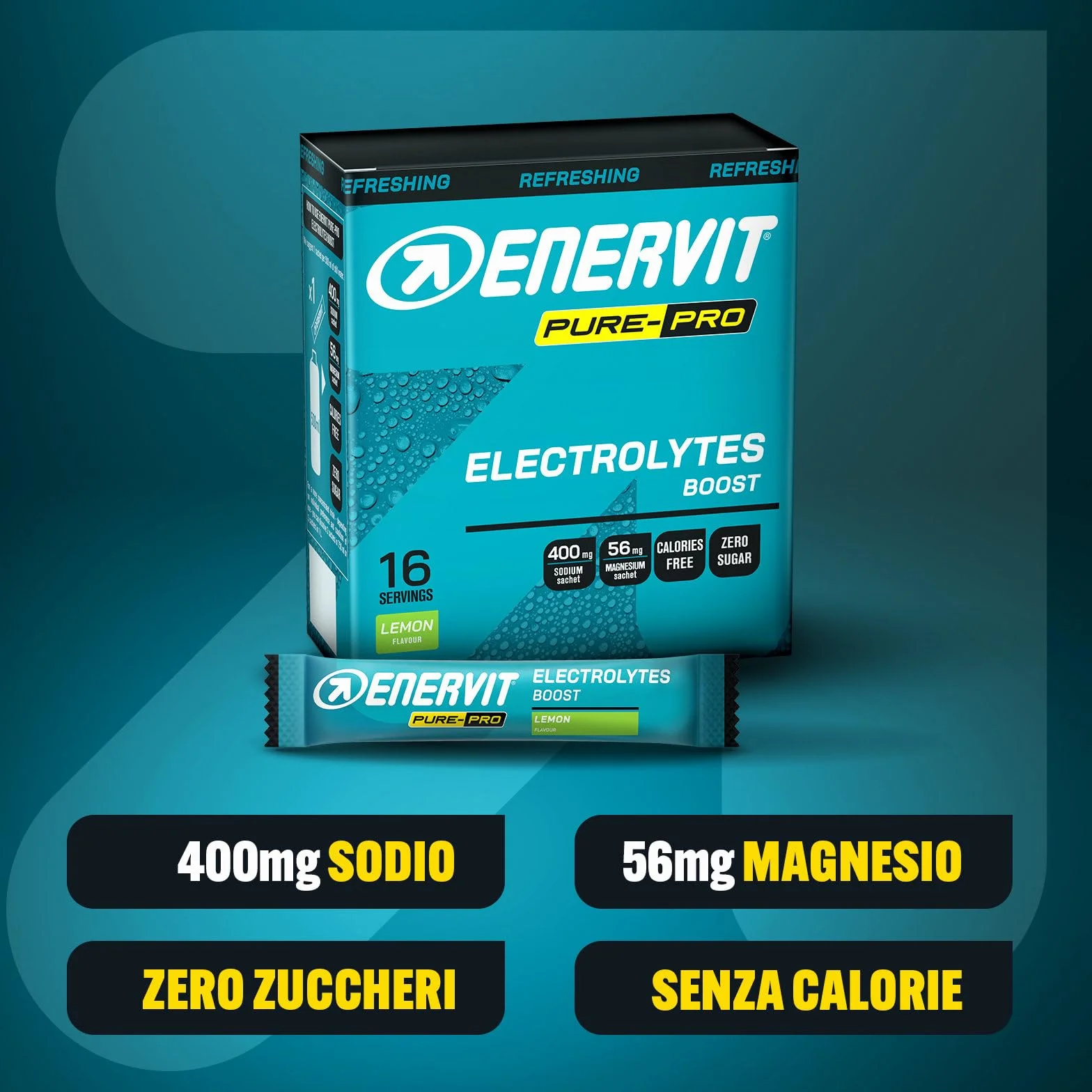 Enervit Pure-Pro Electrolytes Boost, Integratore Sali Sodio e Magnesio, Gusto Limone, 0 Calorie Senza Zucchero, 16 Bustine