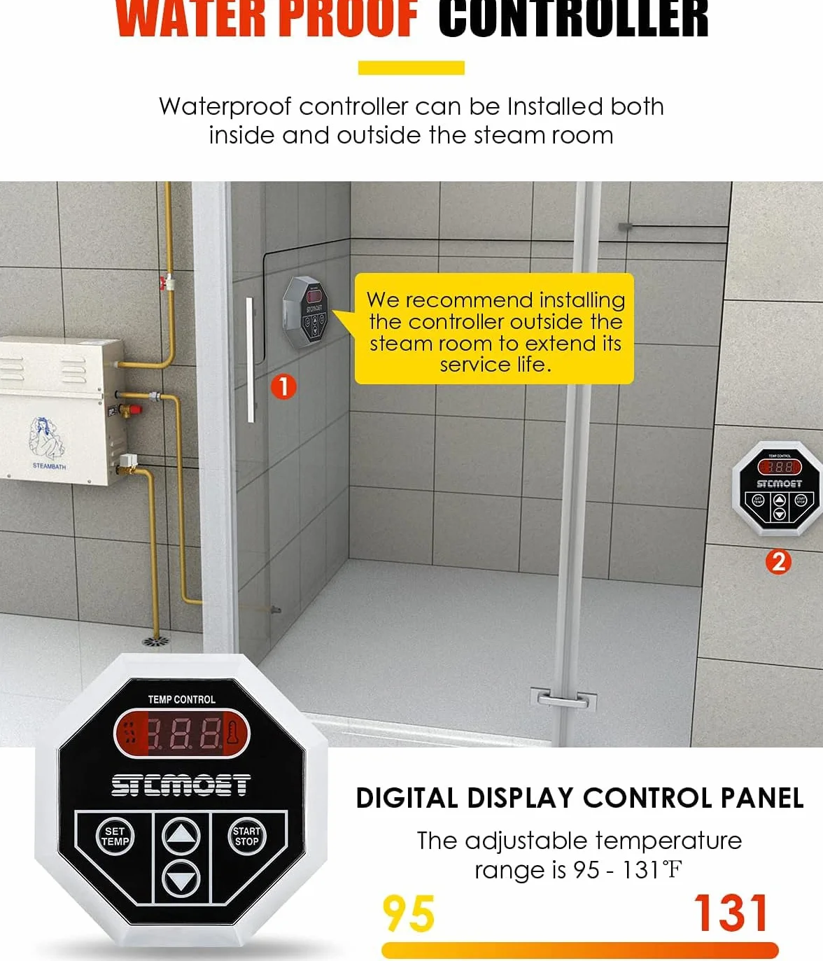 CGOLDENWALL 6KW Kit Sauna Generatore di Vapore 220V Domestico Turco Doccia Bagno SPA Autodrenante Regolatore Digitale Display 6m³ Termostato Automatico 35-55℃
