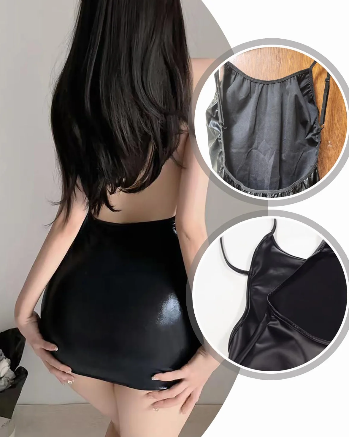 Mini abito in pelle lingerie sexy PU aderente un pezzo gonna vernice senza schiena minigonna Halloween erotica biancheria da notte elastica Babydoll