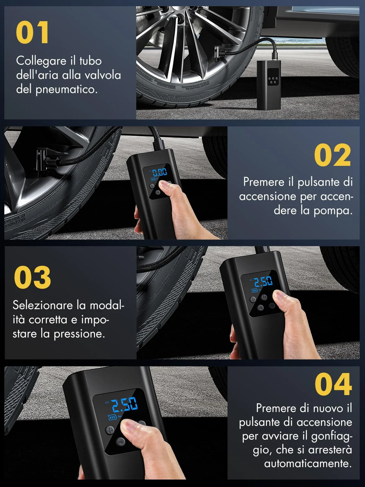 Compressore Aria Portatile 45L/min 6000mAh Batteria 4 Modalità Gonfiatore Elettrico LED