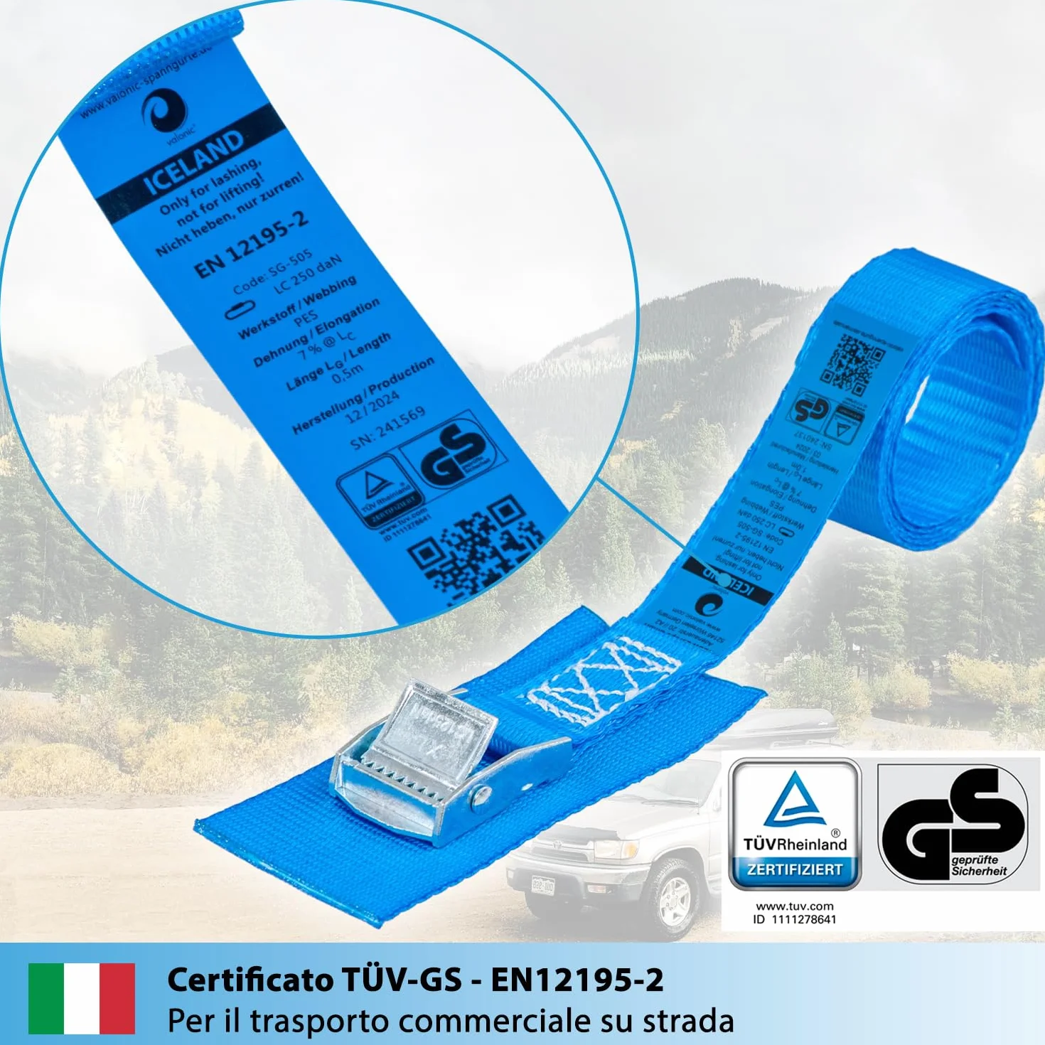 Valonic ICELAND Cinghie di fissaggio 25mm 250 Kg EN-12195-2 50cm blu