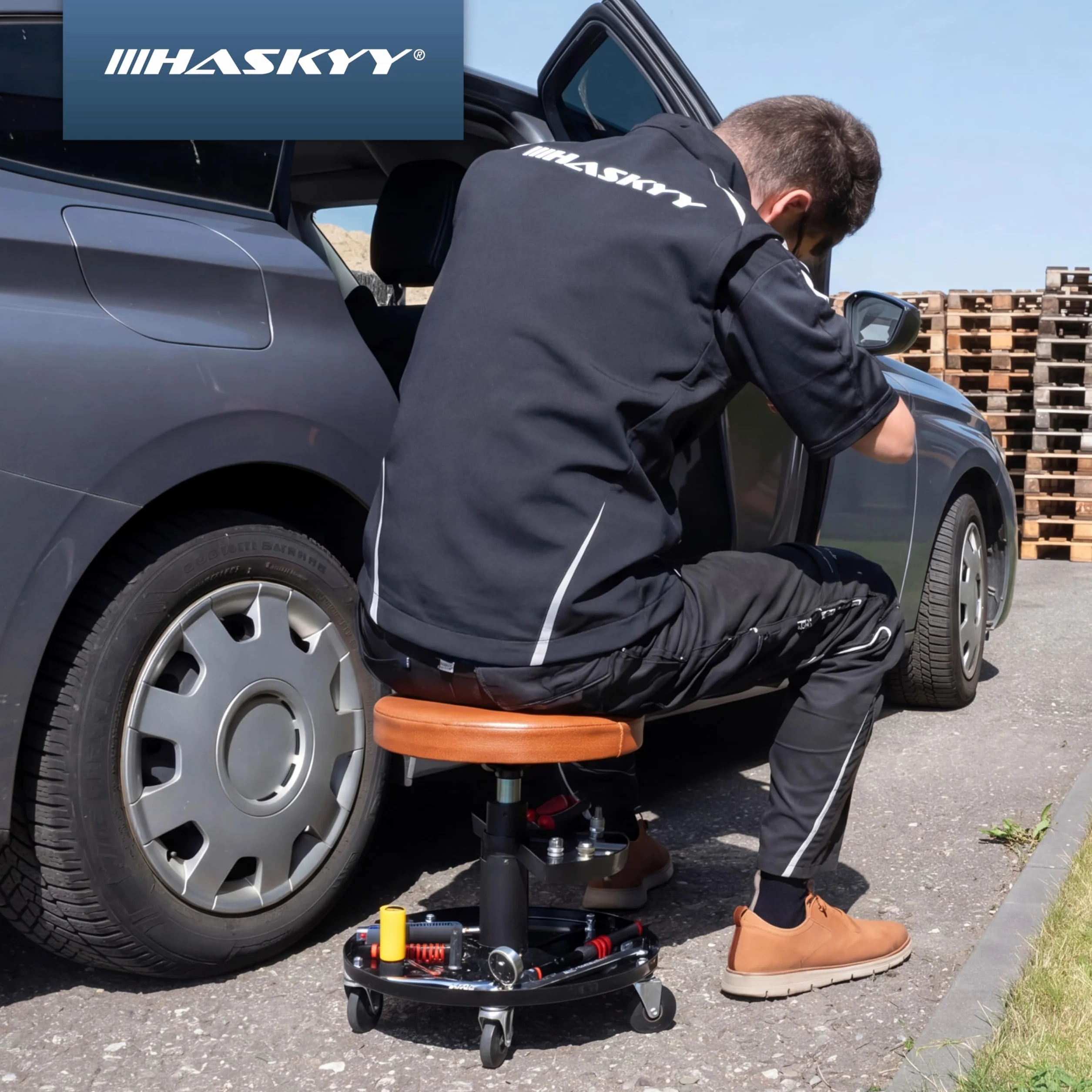 HASKYY Sgabello da officina con ruote 430-580 mm 40 cm 135 kg 2 ripiani