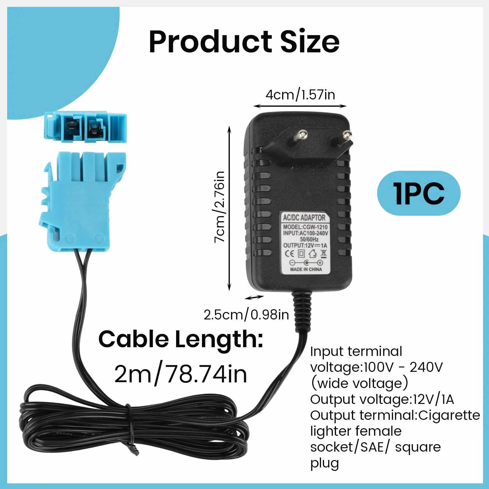 Caricabatteria 12V Peg Perego Universale per Veicoli Elettrici Bambini con Cavo 2M LED