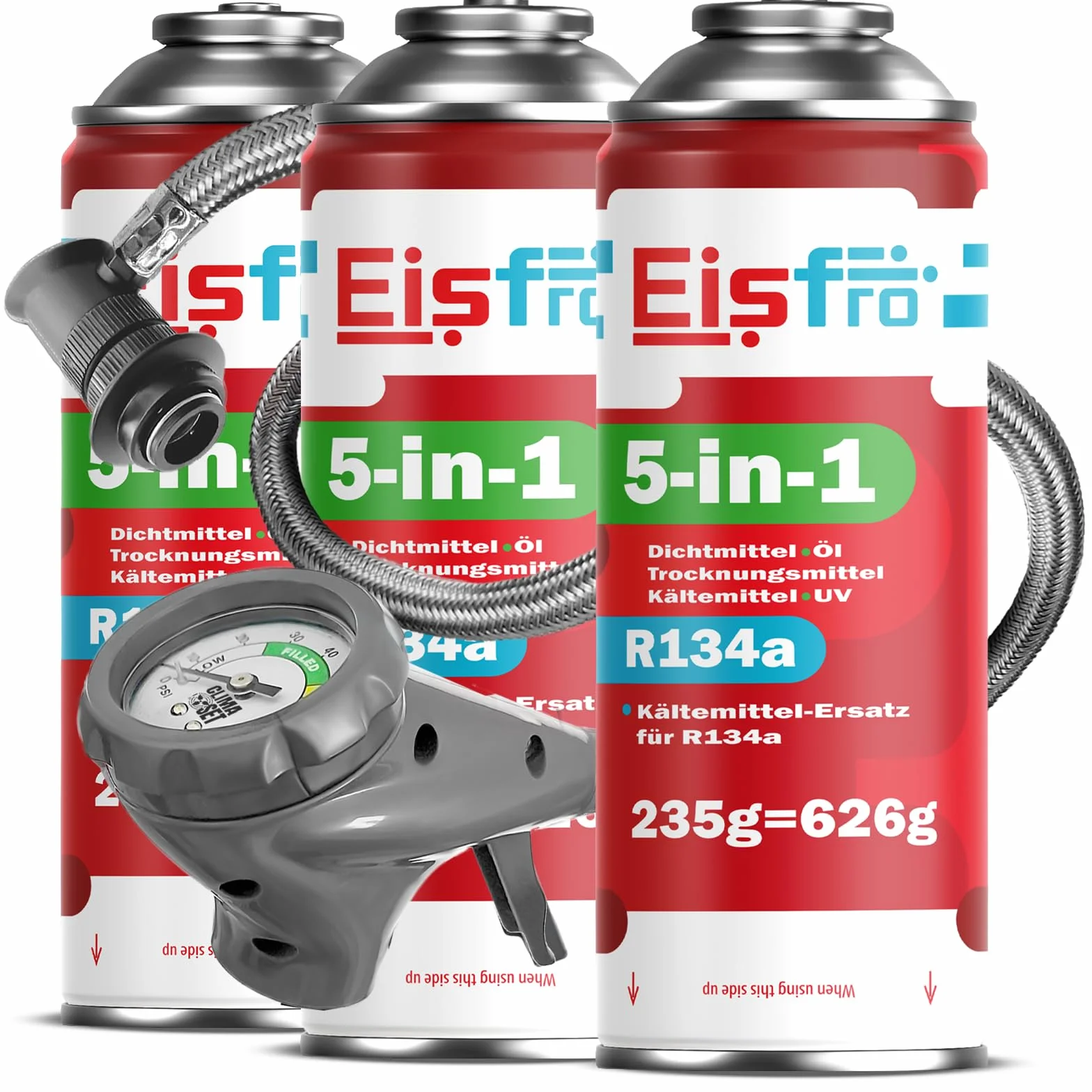 5-in-1: Refrigerante R134a + Tubo flessibile, 3 bombolette da 235 g per climatizzatori auto con olio, additivo sigillante, colorante UV, agente disidratante – Protegge il compressore