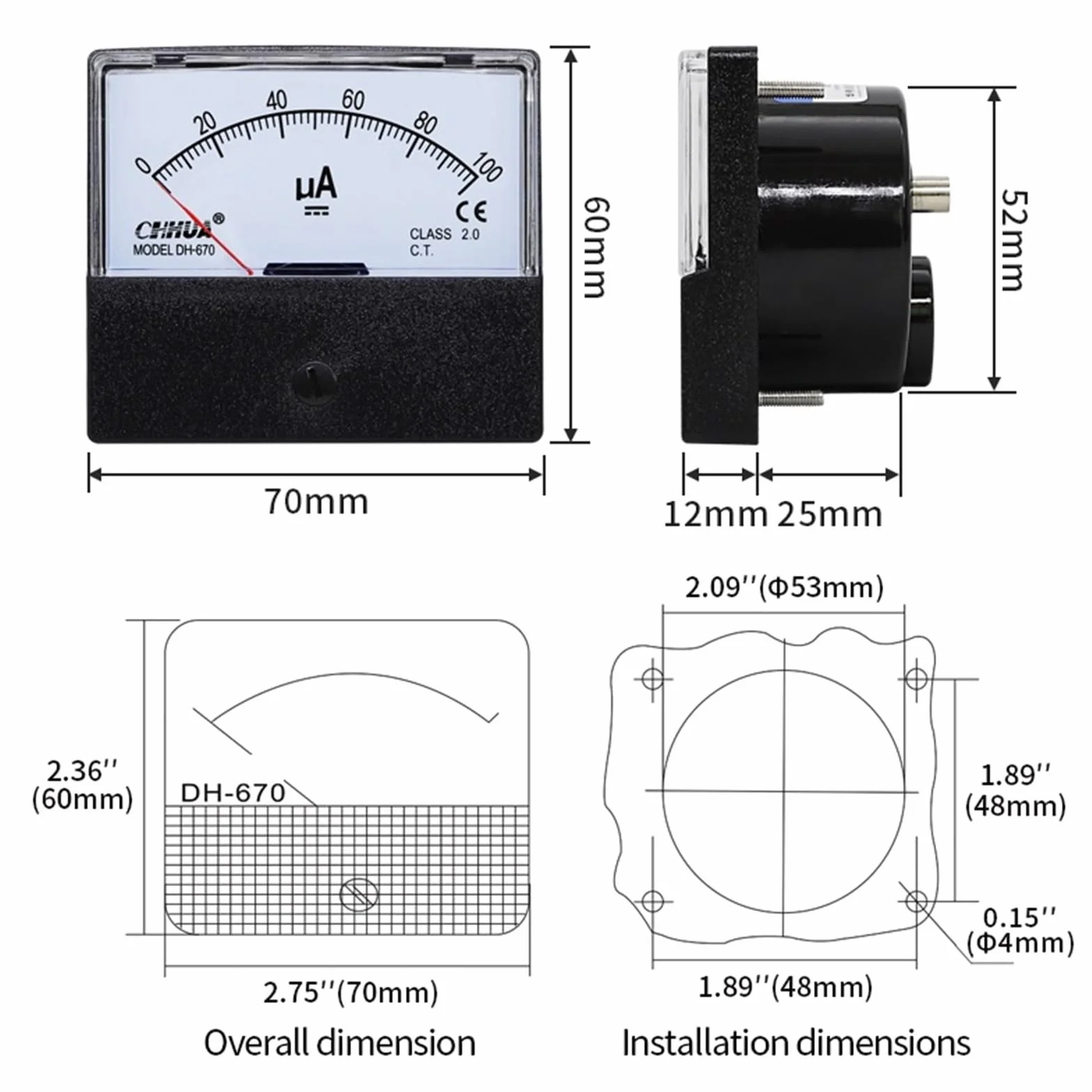 DH-670 uA Microamperometro analogico Pannello Amperometro Misuratore di corrente Tester di corrente DC50uA 100uA 200uA 300uA 500uA 1000uA(100uA)