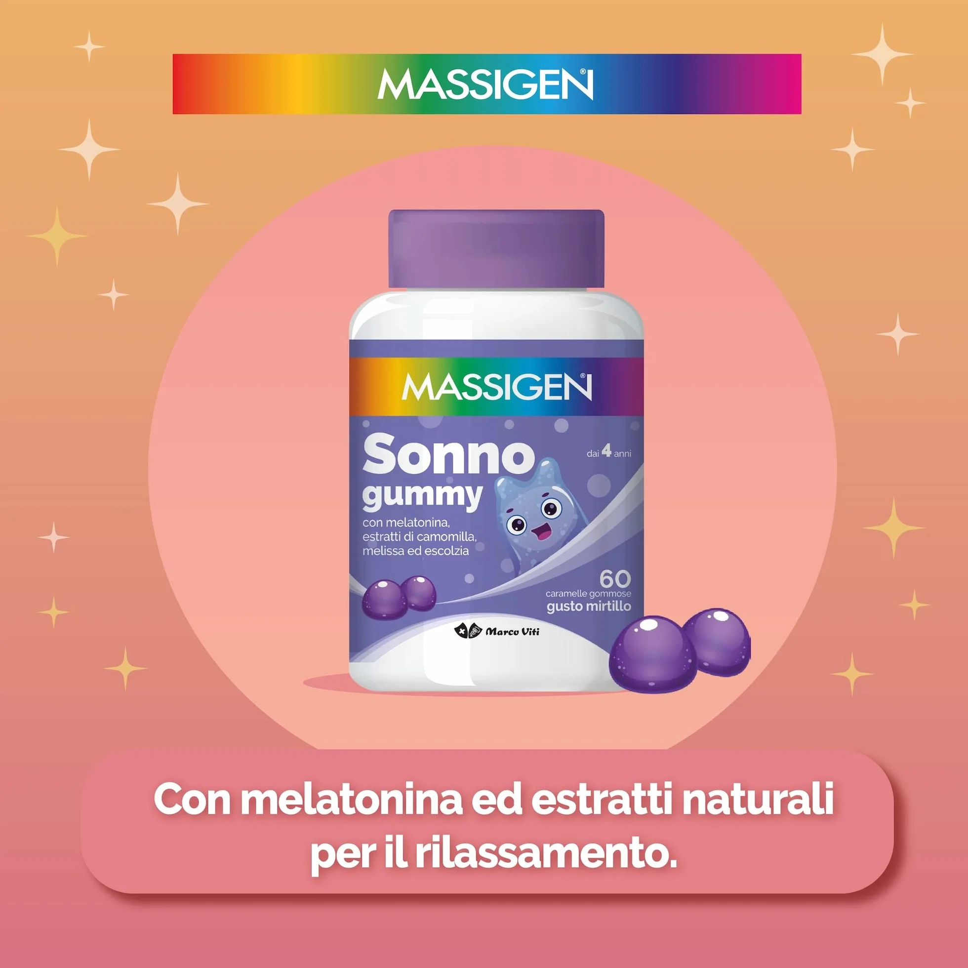 Massigen Sonno Gummy Integratore Alimentare con Melatonina e Estratti Naturali, 60 Caramelle da 3,3 g