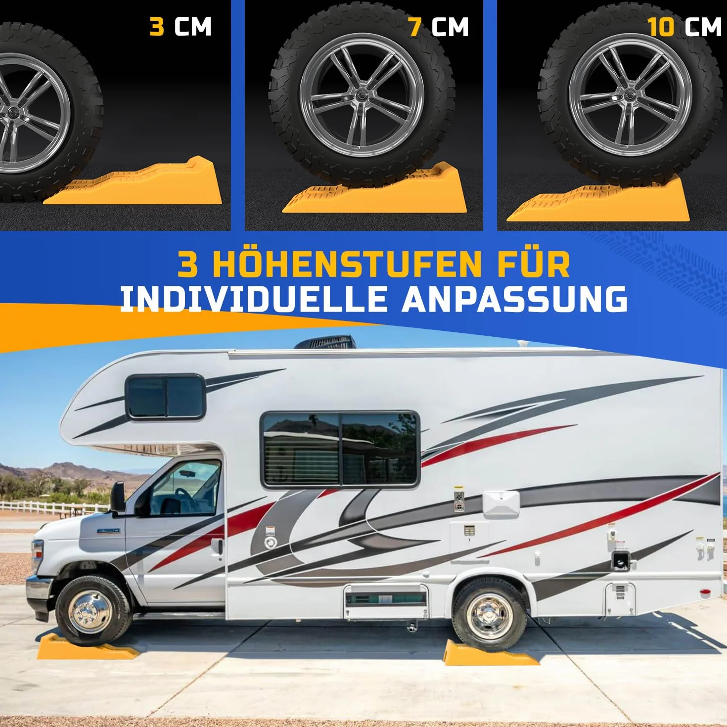 Set di 2 cunei di bilanciamento per roulotte, camper, roulotte, rimorchi, XL, 57 x 20 cm, fino a 5000 kg, gialle per ogni superficie