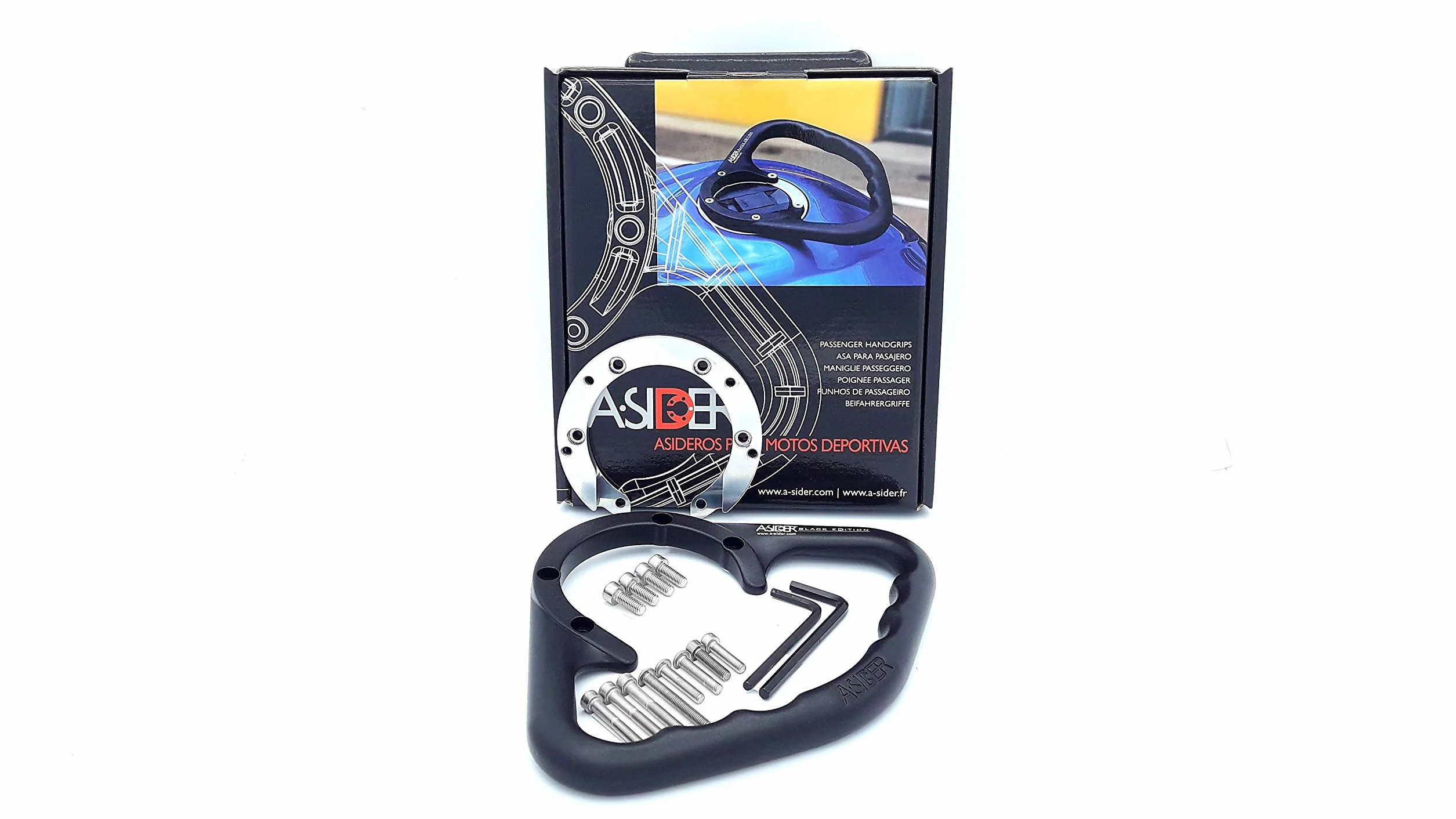Moto Maniglia Serbatoio Nero A-SIDER Passeggero, compatibile con modelli MV Agusta, Triumph e Aprilia con tappo serbatoio a 6 viti. Verificare la compatibilità con il venditore.