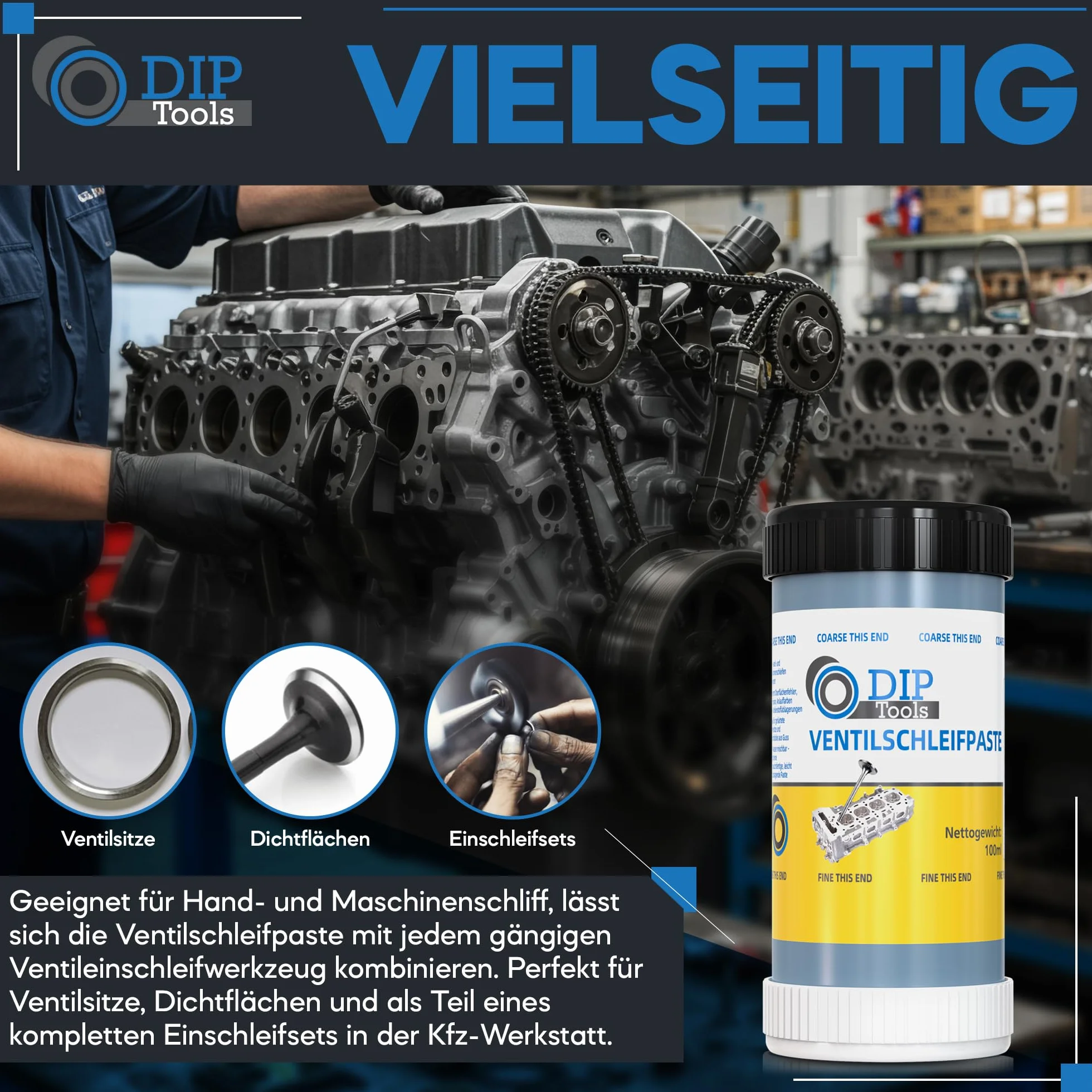 DIP-Tools pasta abrasivo per valvole, 100 ml, set monoabrasivo per auto, moto, motore, officina