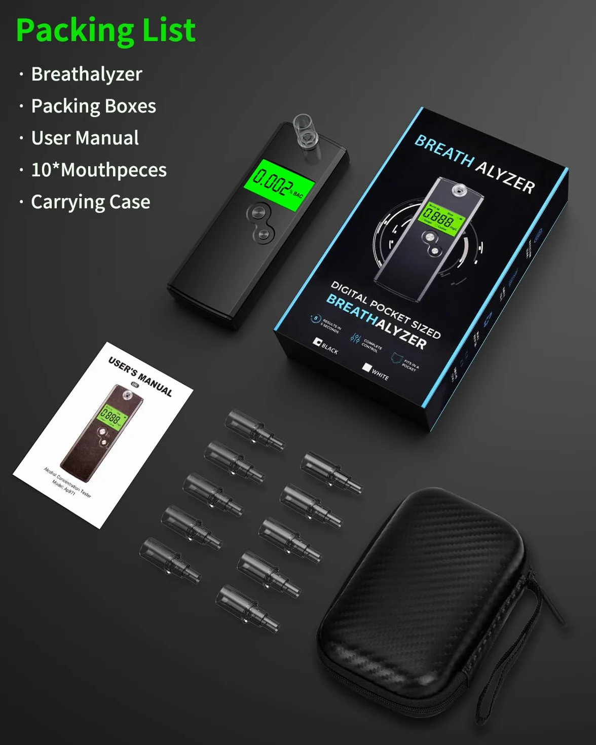 Etilometro Portatile Certificato, Alcolometro ad Alta Precisione con 10 Bocchini, Alcol Test Professionale con Display LCD Digitale, Test Alcolemico Portatile (Nero)