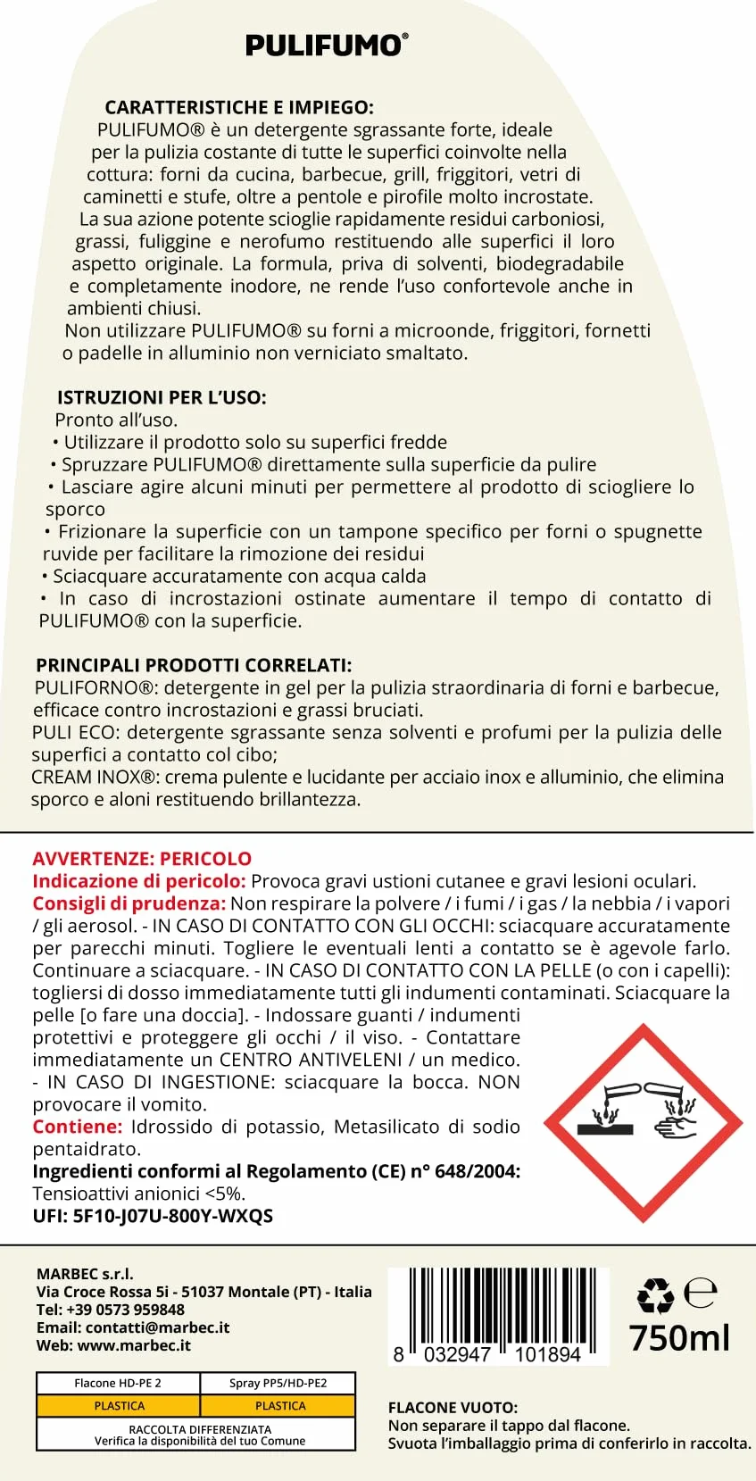 MARBEC PULI FUMO 750ML Detergente spray sgrassatore per forni, barbecue, stufe