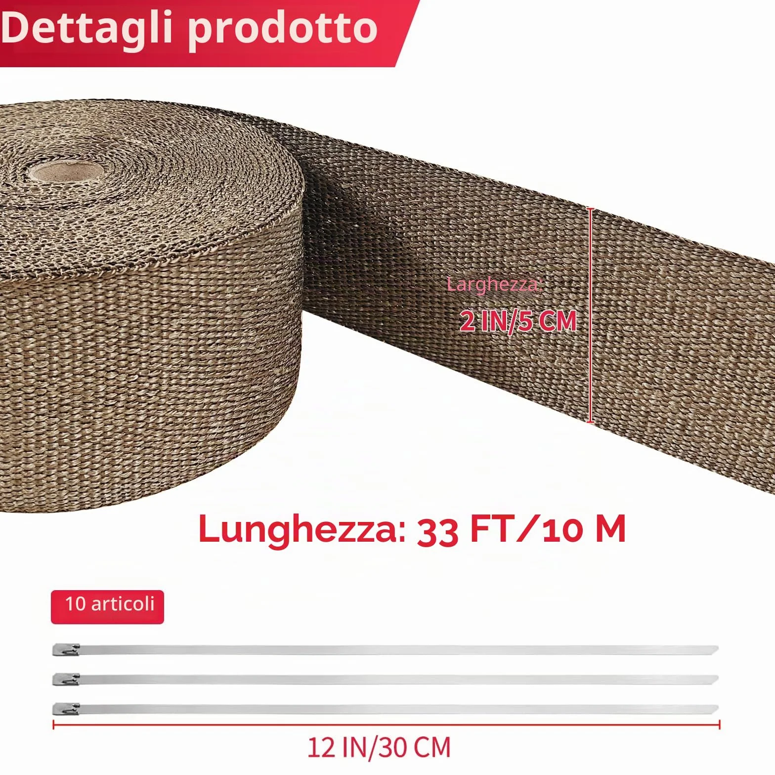 10m×5cm Fascia Termica per Scarico, Titanio-Basalto con Zona di Separazione Termica