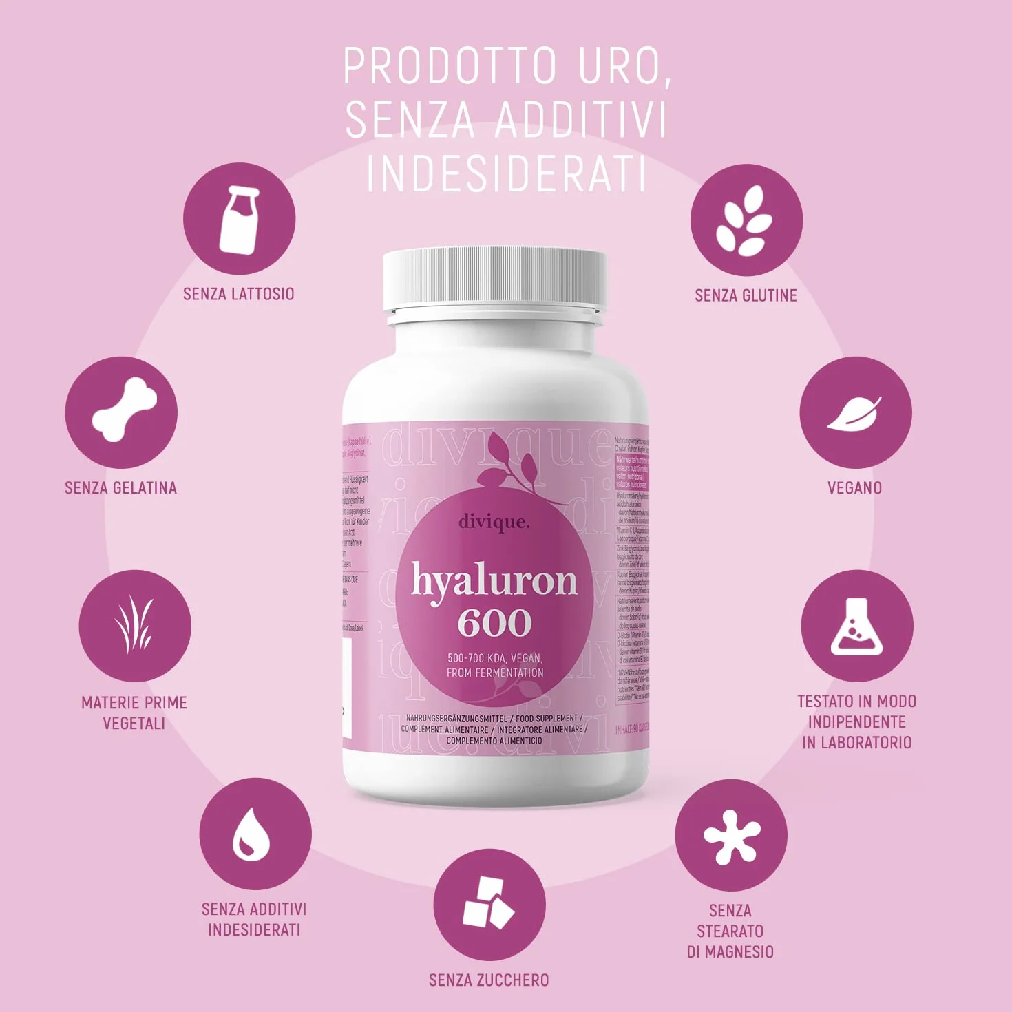 Acido Ialuronico 600mg Alto Dosaggio - Divique Hyaluron 600-90 Capsule 500-700 kDa con Vitamina C, Zinco, Rame, Selenio e Biotina
