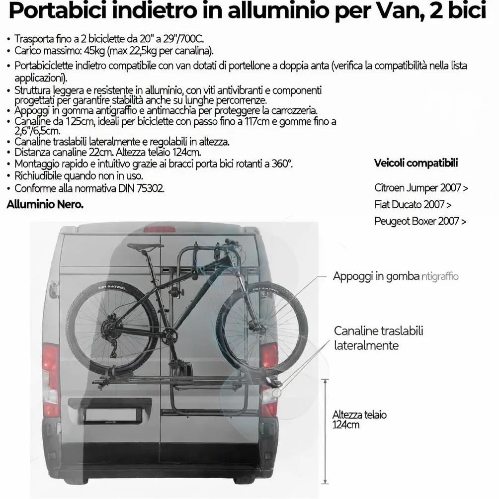 Portabici Posteriore V-Rack 2113073 in Alluminio per Van Doppia Anta - Robusto, Stabile e Facile da Usare - Compatibile con Citroen Jumper, Fiat Ducato, Peugeot Boxer