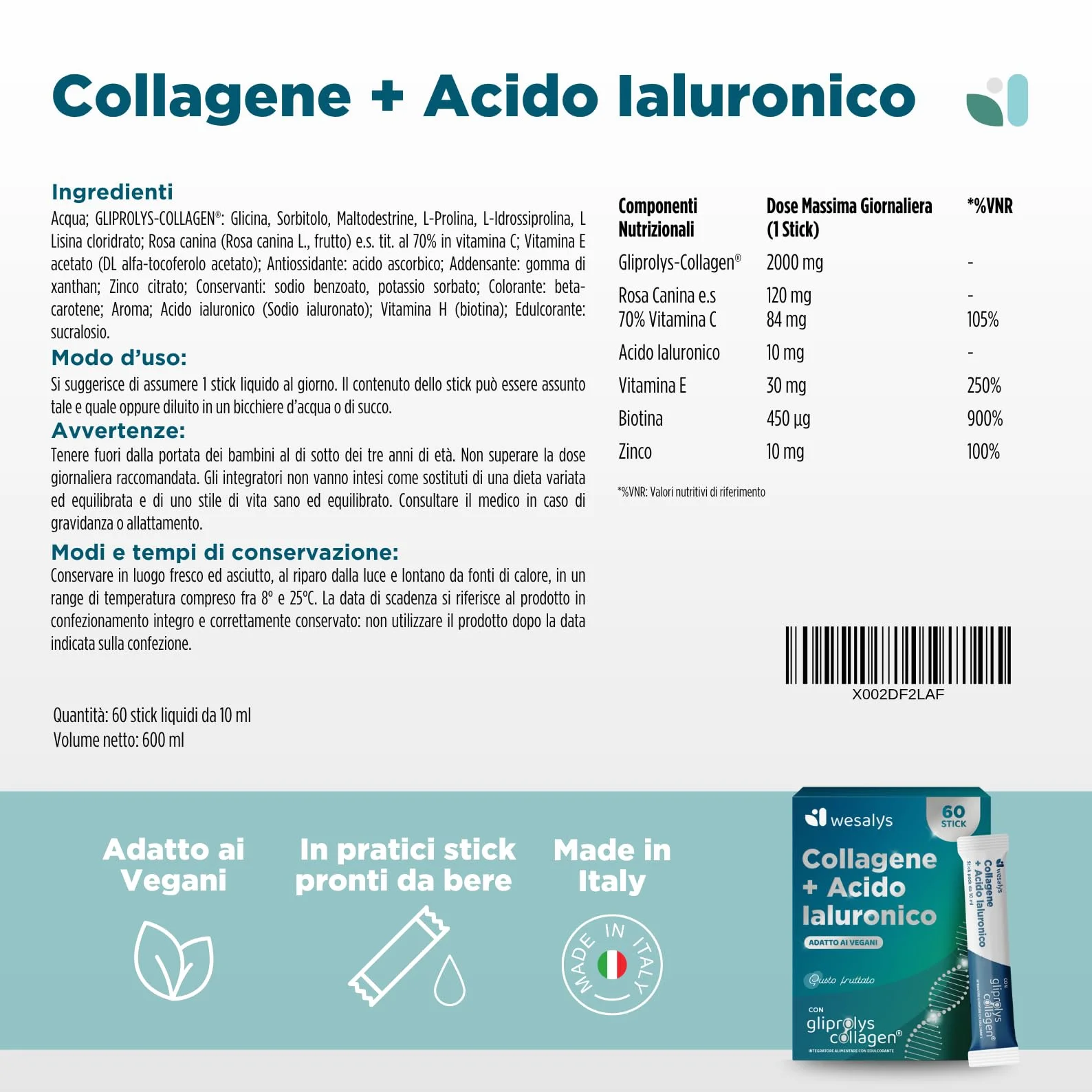 Collagene da Bere con Acido Ialuronico e Gliprolys® Integratore 60 Stick per Pelle Capelli Articolazioni
