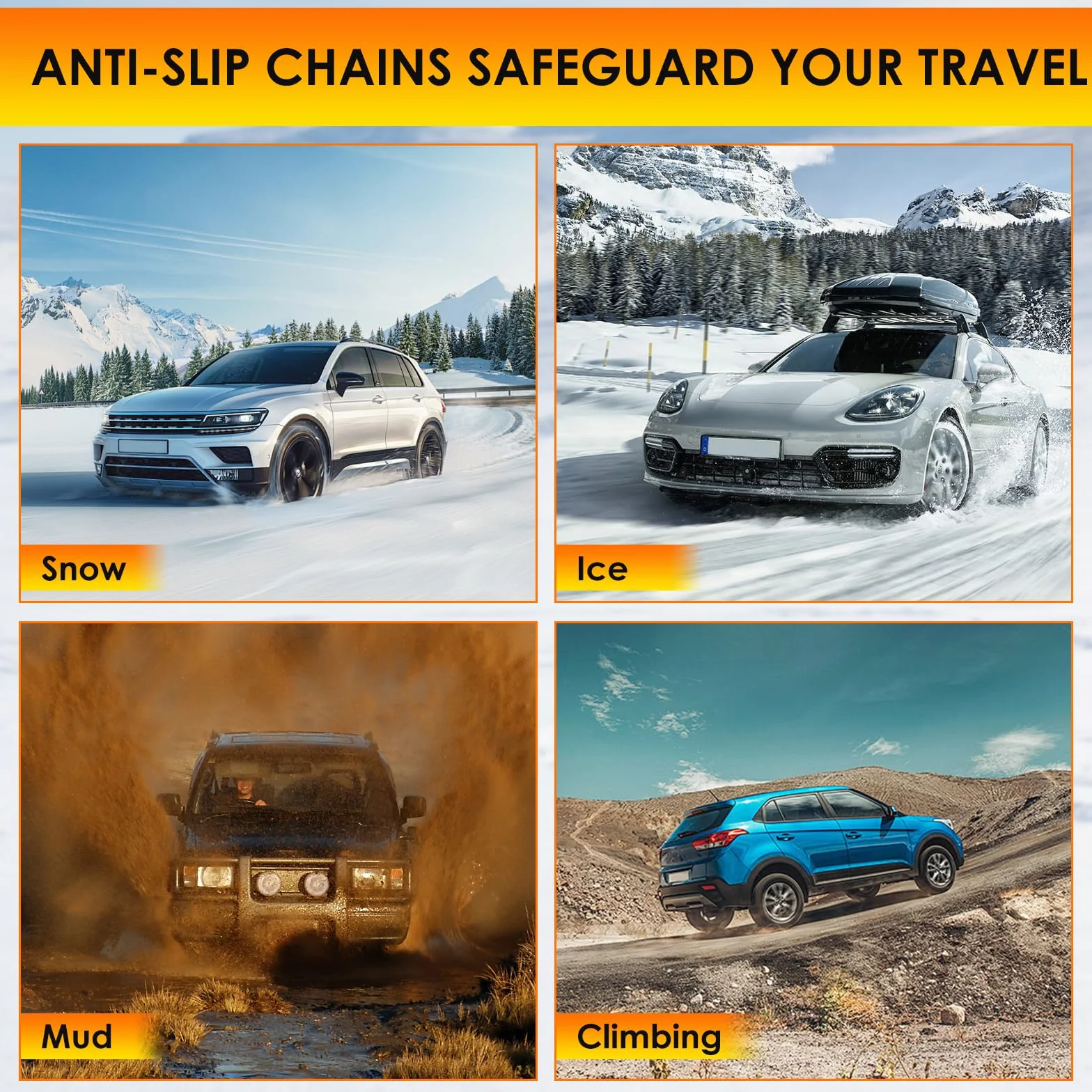 Ninonly Catene da neve universali SUV per varie condizioni stradali accidentate come neve, fango, arrampicata e ghiaccio, catene da neve per pneumatici auto, larghezza 165-275 mm, confezione da 10