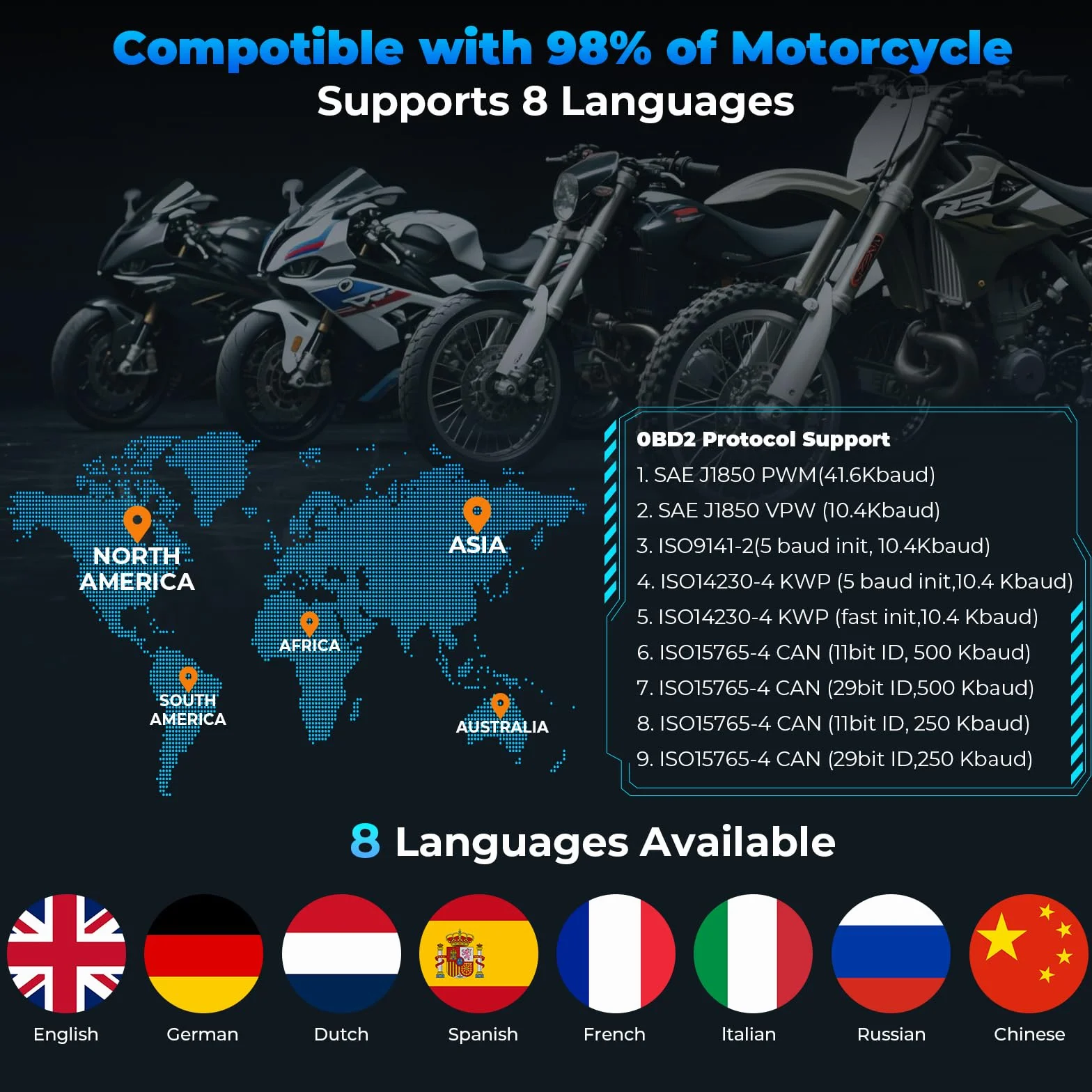 OBD2 Scanner diagnostico per moto, lettore codici errore compatibile Yamaha Honda Kawasaki