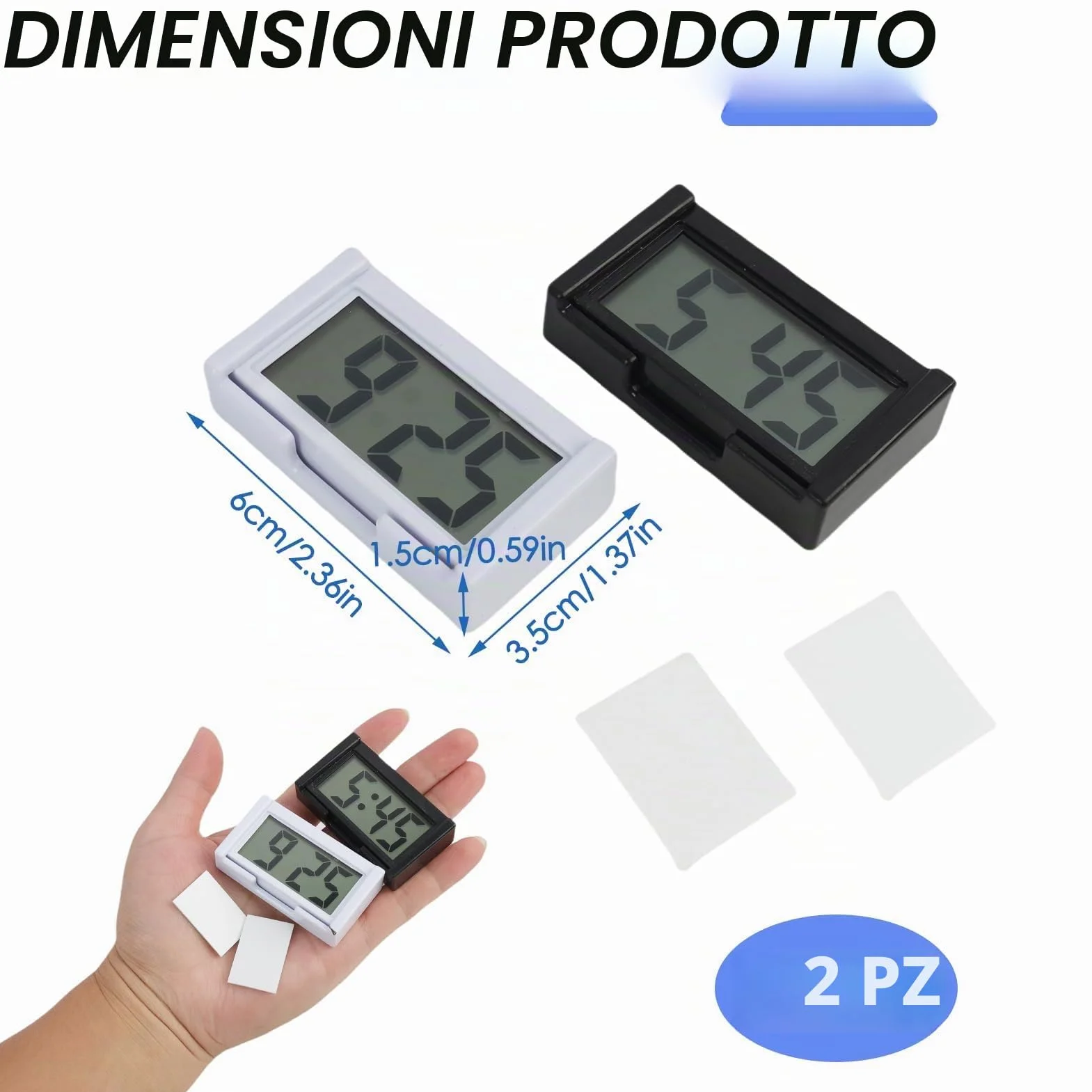 Mini Orologio Digitale da Auto LCD Elettronico, 2 Pezzi Bianco e Nero