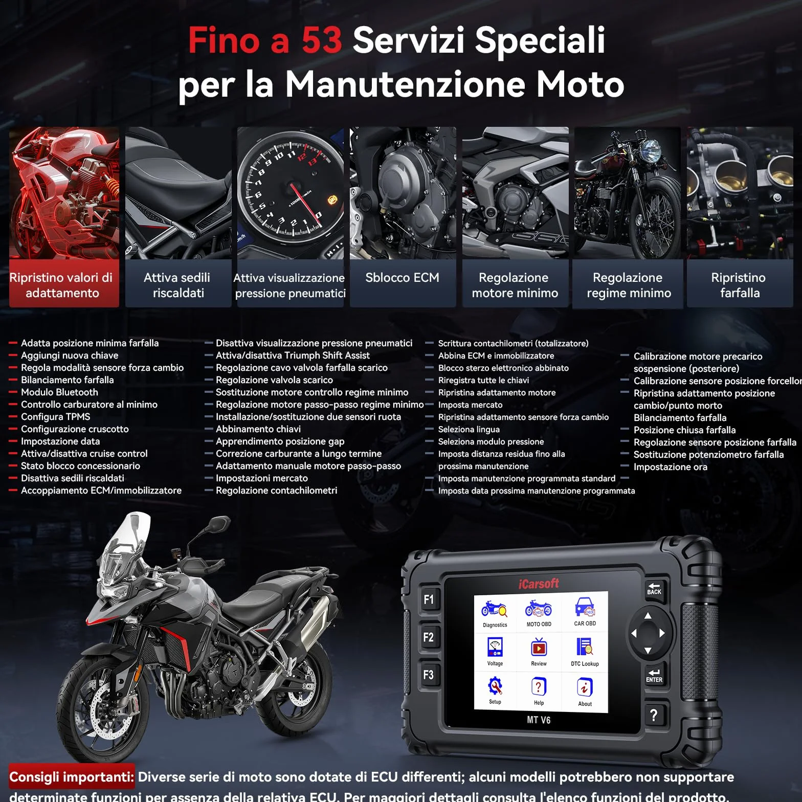 iCarsoft MT V6 Scanner diagnostico moto Triumph OBD2 58 servizi manutenzione 55 test bidirezionali