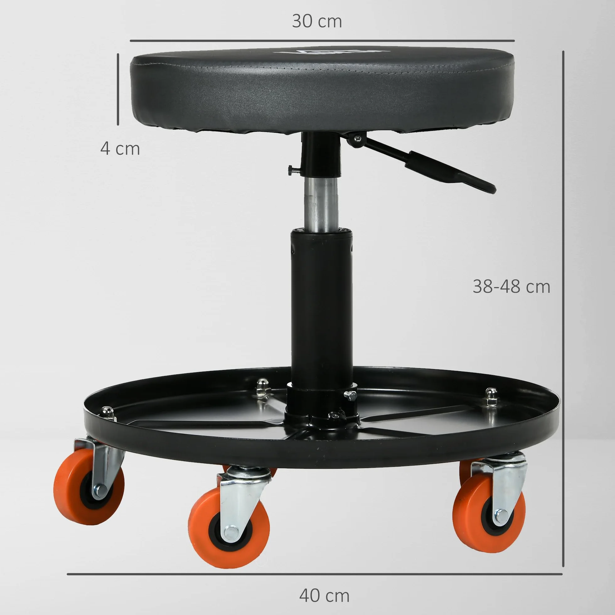 HOMCOM Sgabello da Officina con Ruote e Porta Attrezzi, Altezza Regolabile Girevole 360°, Ø40x38-48cm, Nero