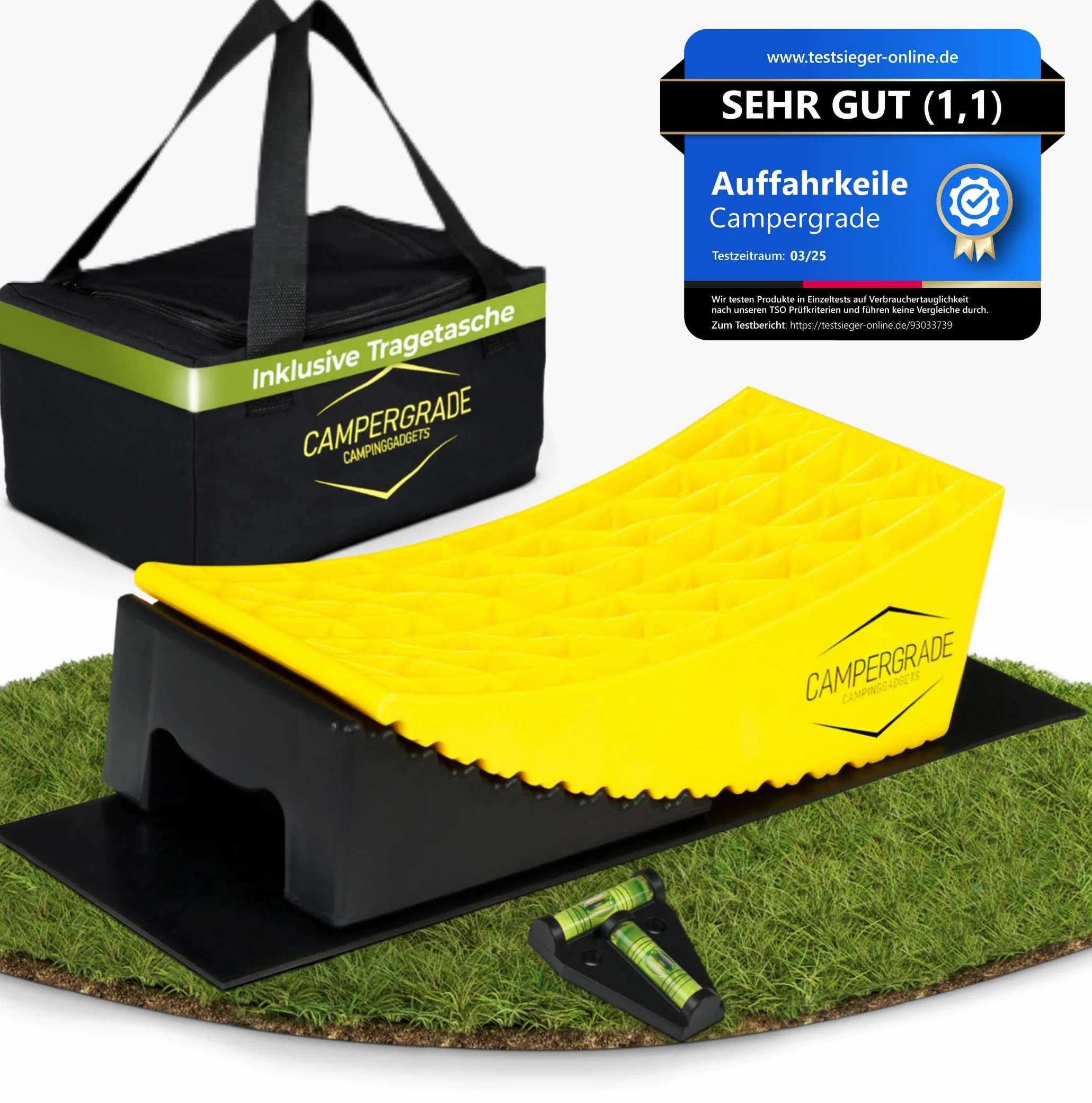 Cunei di sollevamento per roulotte e camper (set da 2) – Tappetini anti-affondamento, livella, presa antiscivolo a nido d'ape, robusto fino a 13,5 t, ideale per piazzola e campeggio