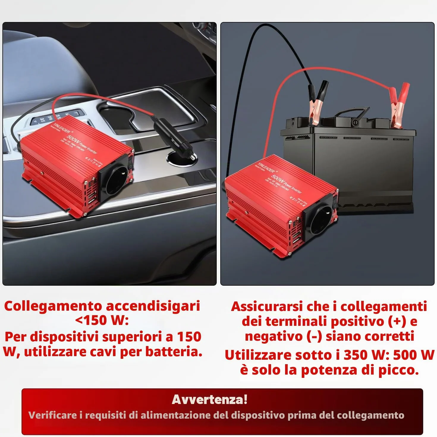 Yinleader Inverter 500W 12V 230V DC AC Power Inverter with 2 USB Ports 2.4A for Car Camper
