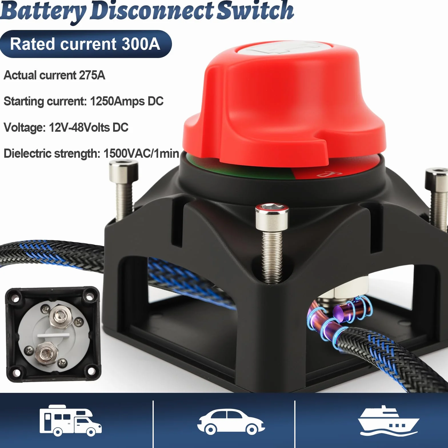2 Pezzi Interruttore Stacca Batteria, 300A Interruttore di sconnessione della batteria(24-48V), Adatto per barche, motocicli, yacht, automobili, veicoli a motore, attrezzature marine e camper