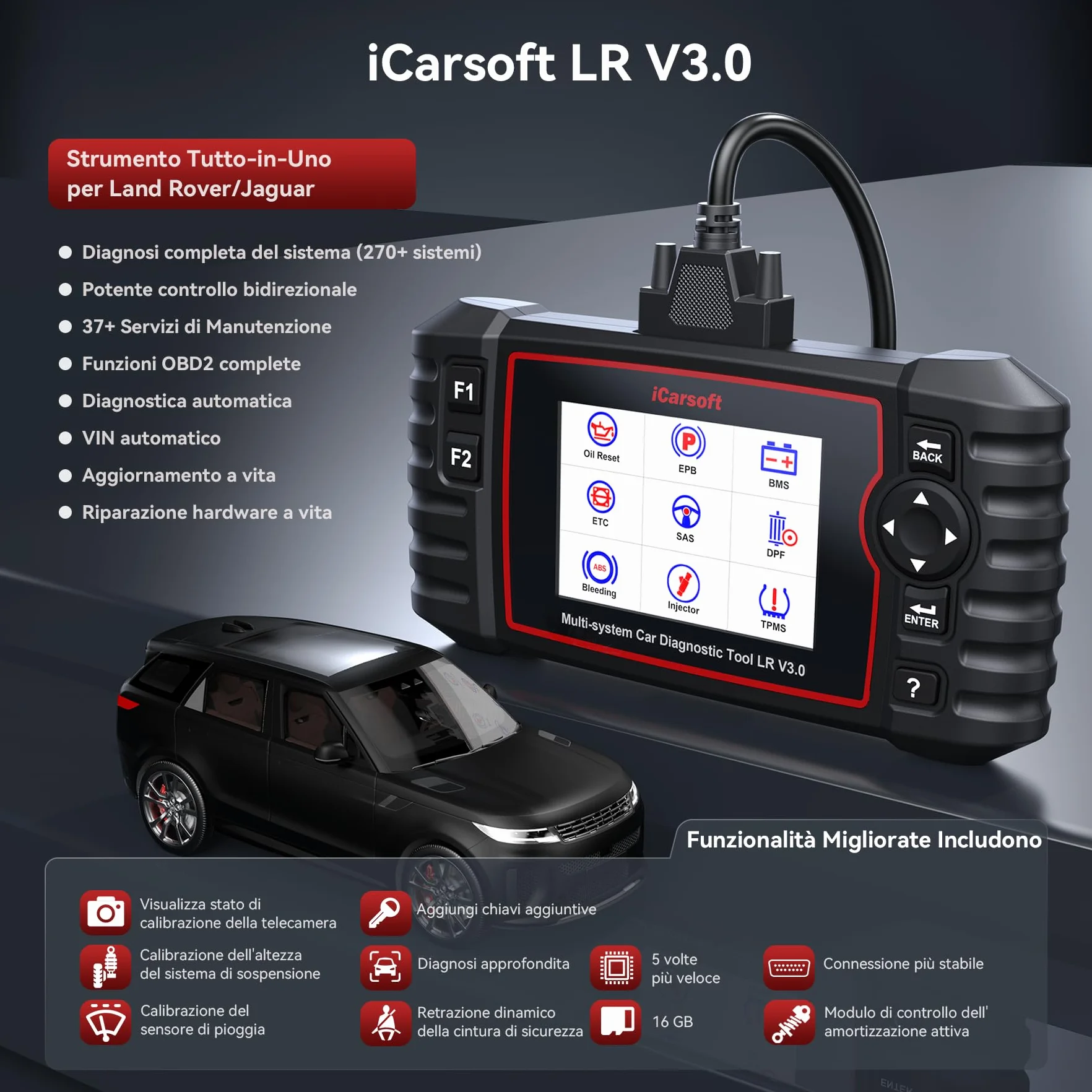 iCarsoft LR V3.0 OBD2 Diagnostica Auto per Land Rover Jaguar 37 Funzioni Ripristino Test Bidirezionale
