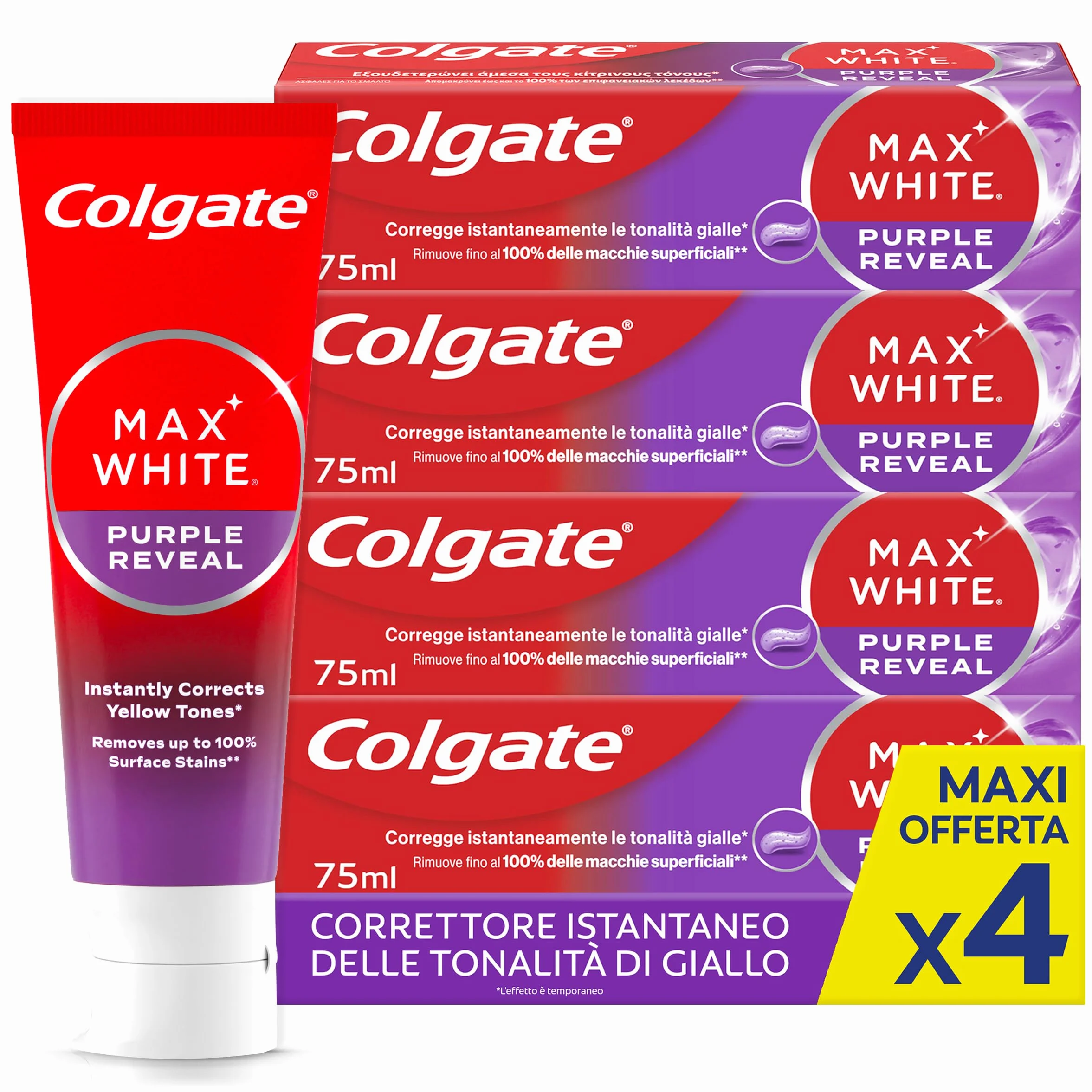 Colgate Dentifricio Sbiancante Max White Purple Reveal 4 Confezioni da 75 ml