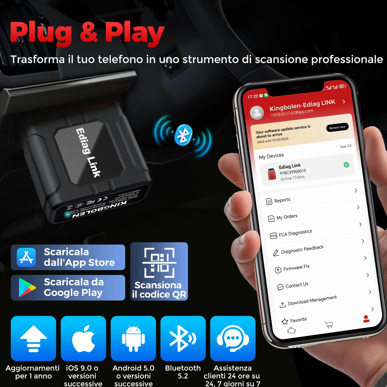 KINGBOLEN Ediag Link OBD2 Bluetooth Auto Diagnostica Bidirezionale Professionale, 10+ Funzioni Reset, Controllo Smog