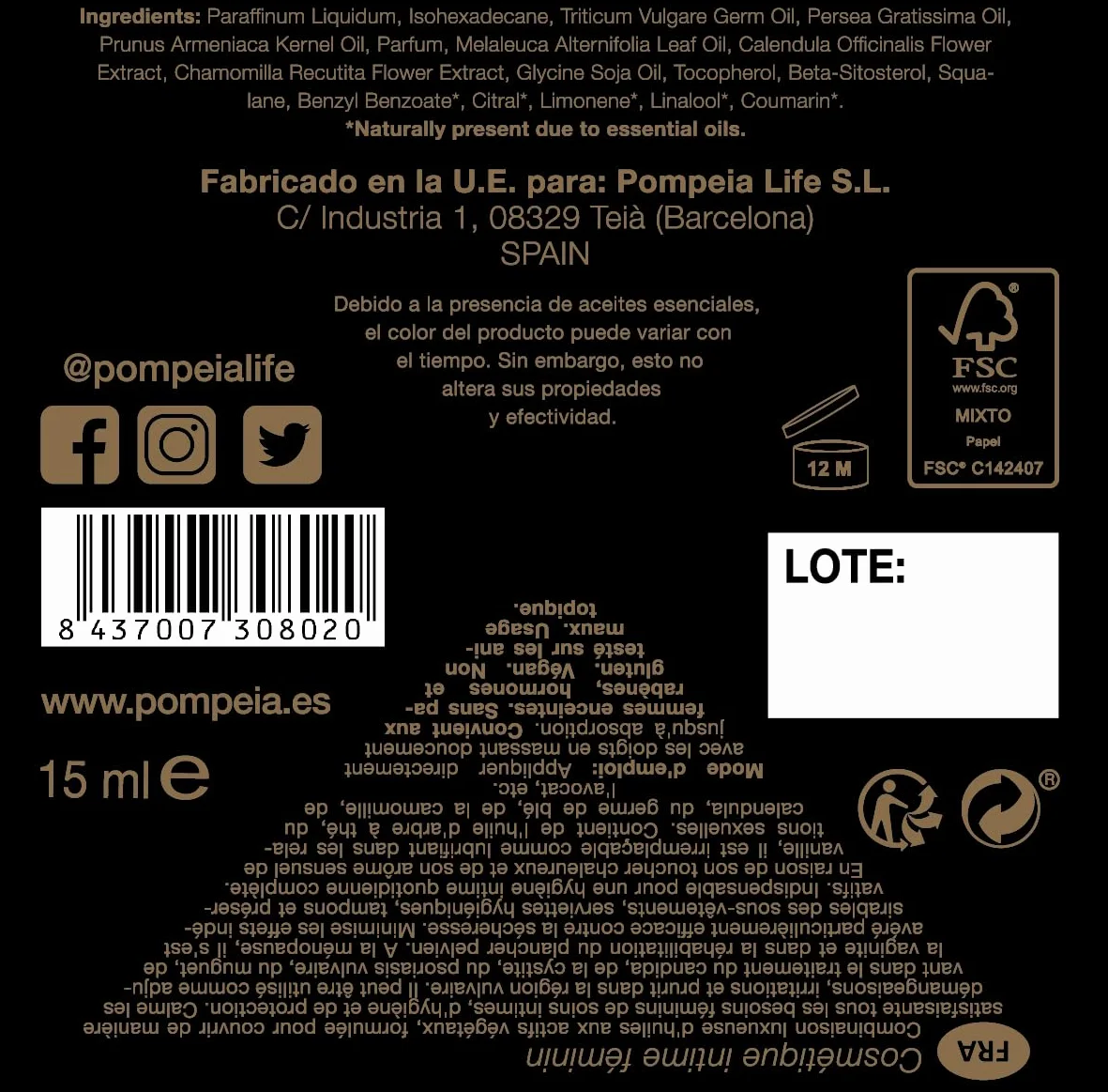Olevm Intimo di Pompeia Cosmetico Intimo per Donna 15ml con Astuccio in Velluto