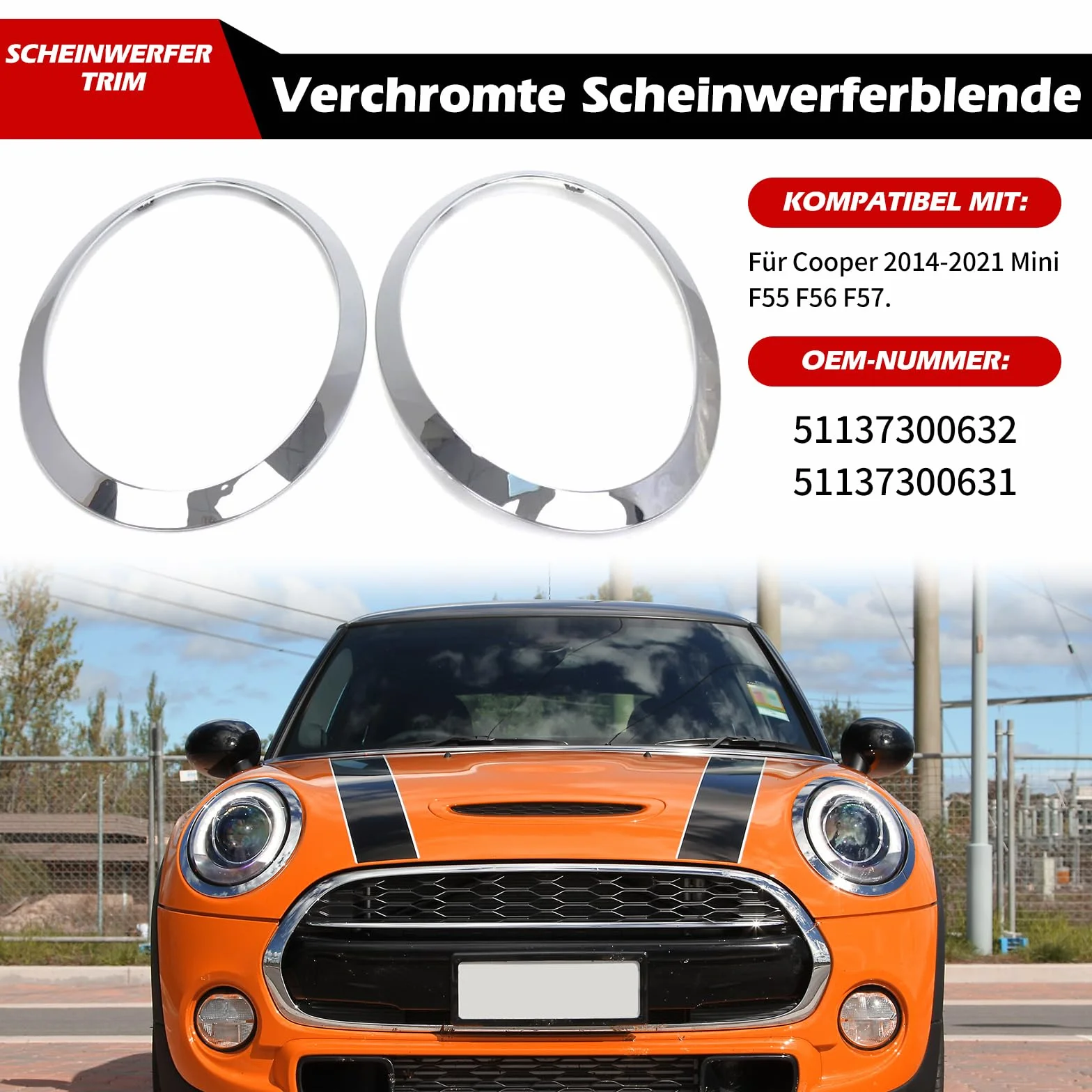 Mini Cooper F55 F56 F57 2014-2021 Cerchietto Fari Ricambio Argento 2 Pezzi